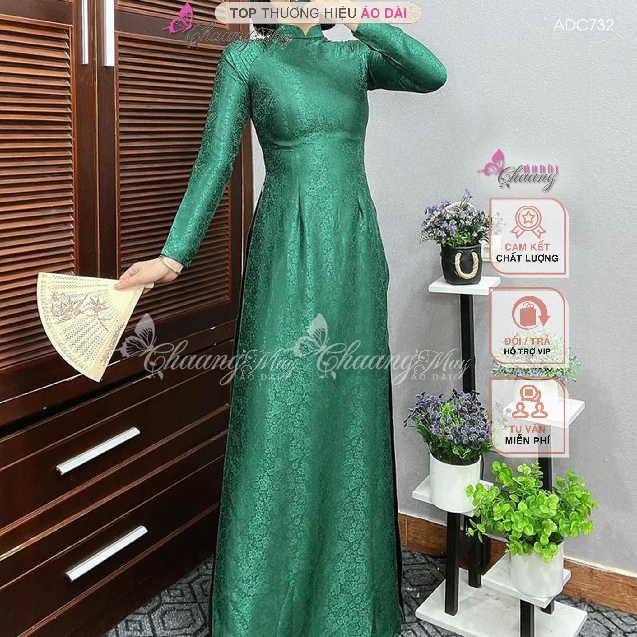 Áo dài truyền thống gấm tơ xanh rêu Chaang may sẵn áo dài phù hợp trẻ trung niên dự tiệc cưới lễ tết đẹp ADC732