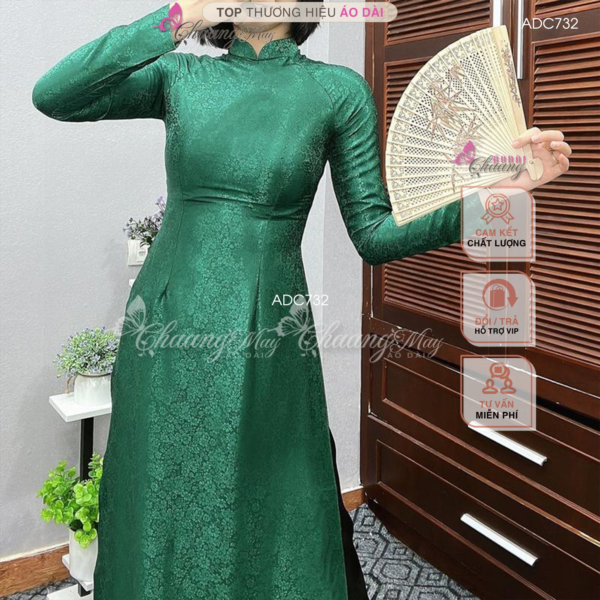 Áo dài truyền thống gấm tơ xanh rêu Chaang may sẵn áo dài phù hợp trẻ trung niên dự tiệc cưới lễ tết đẹp ADC732