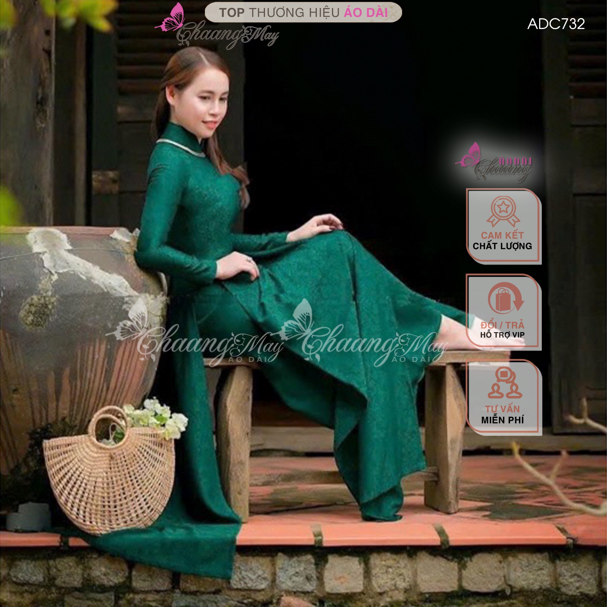 Áo dài truyền thống gấm tơ xanh rêu Chaang may sẵn áo dài phù hợp trẻ trung niên dự tiệc cưới lễ tết đẹp ADC732