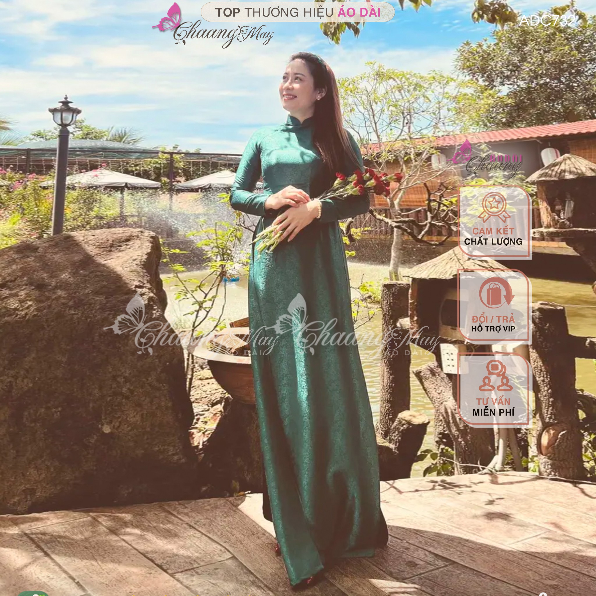 Áo dài truyền thống gấm tơ xanh rêu Chaang may sẵn áo dài phù hợp trẻ trung niên dự tiệc cưới lễ tết đẹp ADC732