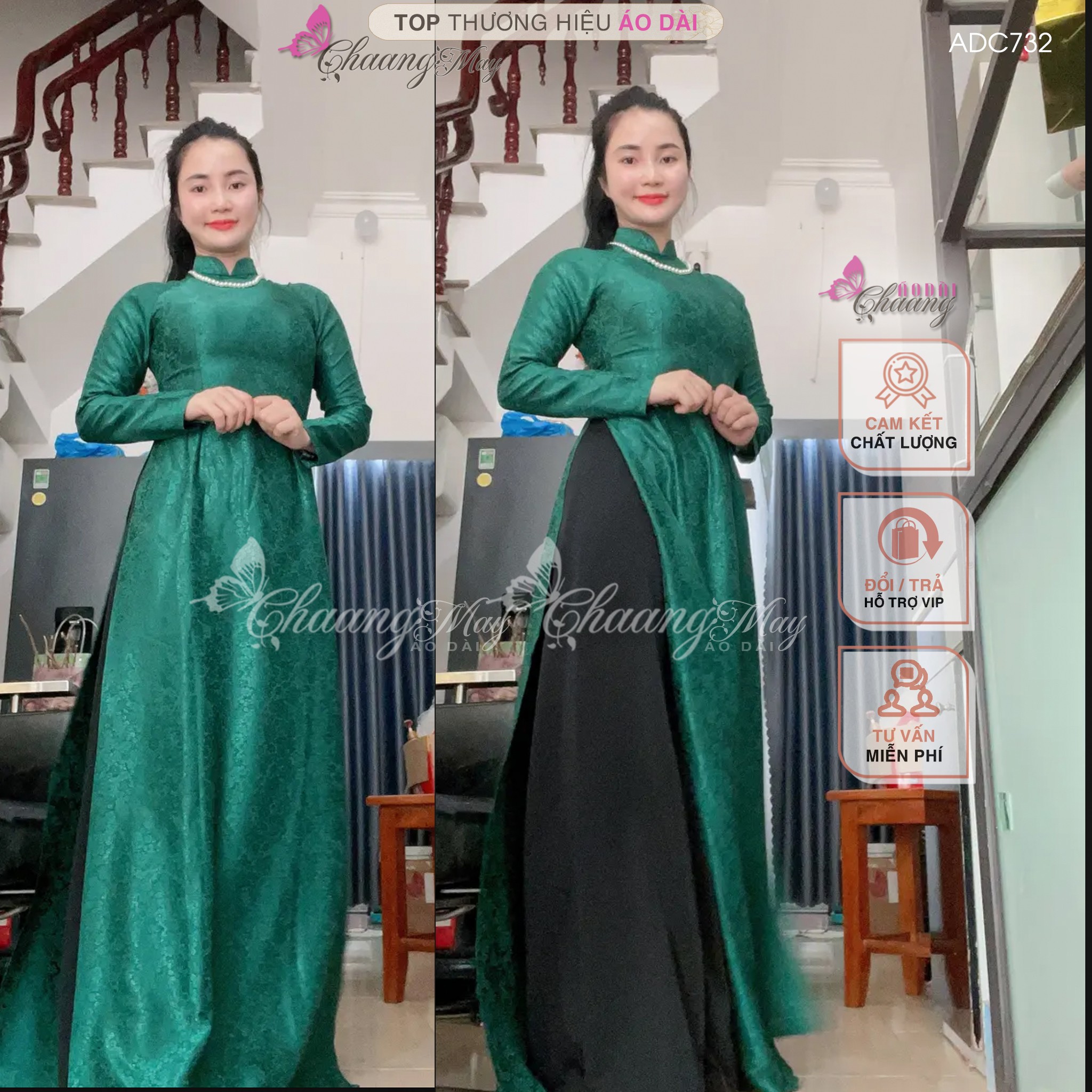 Áo dài truyền thống gấm tơ xanh rêu Chaang may sẵn áo dài phù hợp trẻ trung niên dự tiệc cưới lễ tết đẹp ADC732