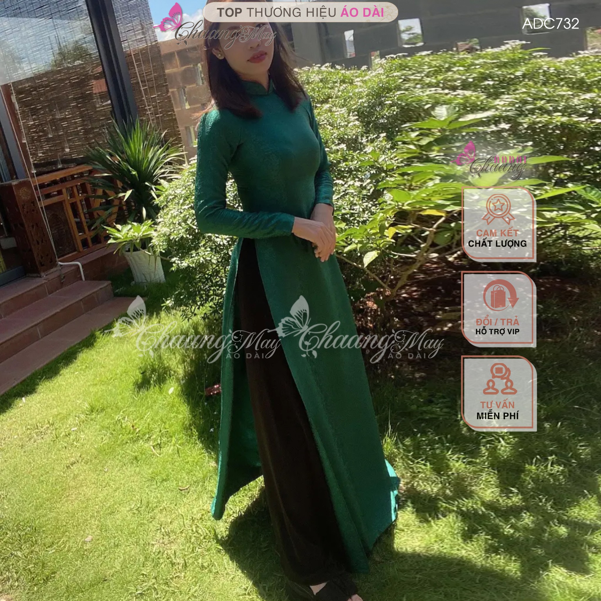 Áo dài truyền thống gấm tơ xanh rêu Chaang may sẵn áo dài phù hợp trẻ trung niên dự tiệc cưới lễ tết đẹp ADC732