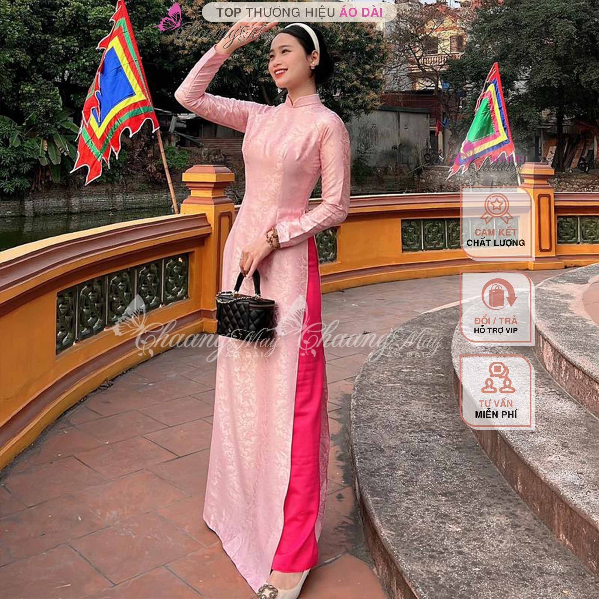 Áo dài truyền thống gấm tơ hồng phấn Chaang may sẵn áo dài phù hợp trẻ trung niên dự tiệc cưới lễ tết đẹp ADC733