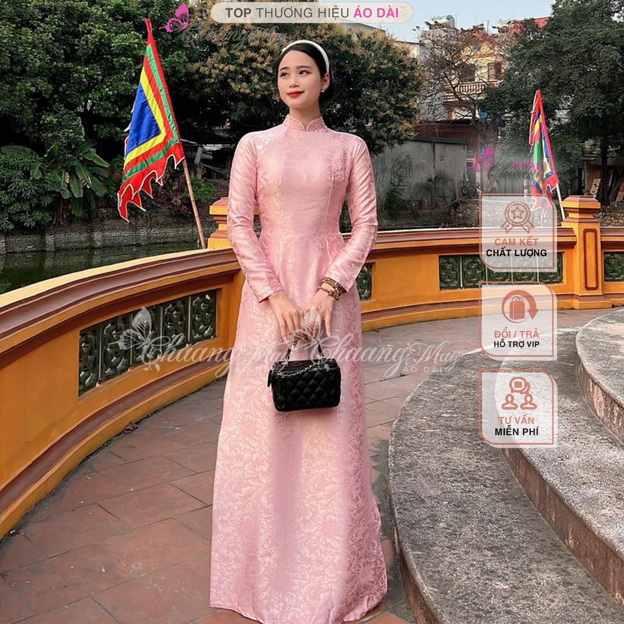 Áo dài truyền thống gấm tơ hồng phấn Chaang may sẵn áo dài phù hợp trẻ trung niên dự tiệc cưới lễ tết đẹp ADC733