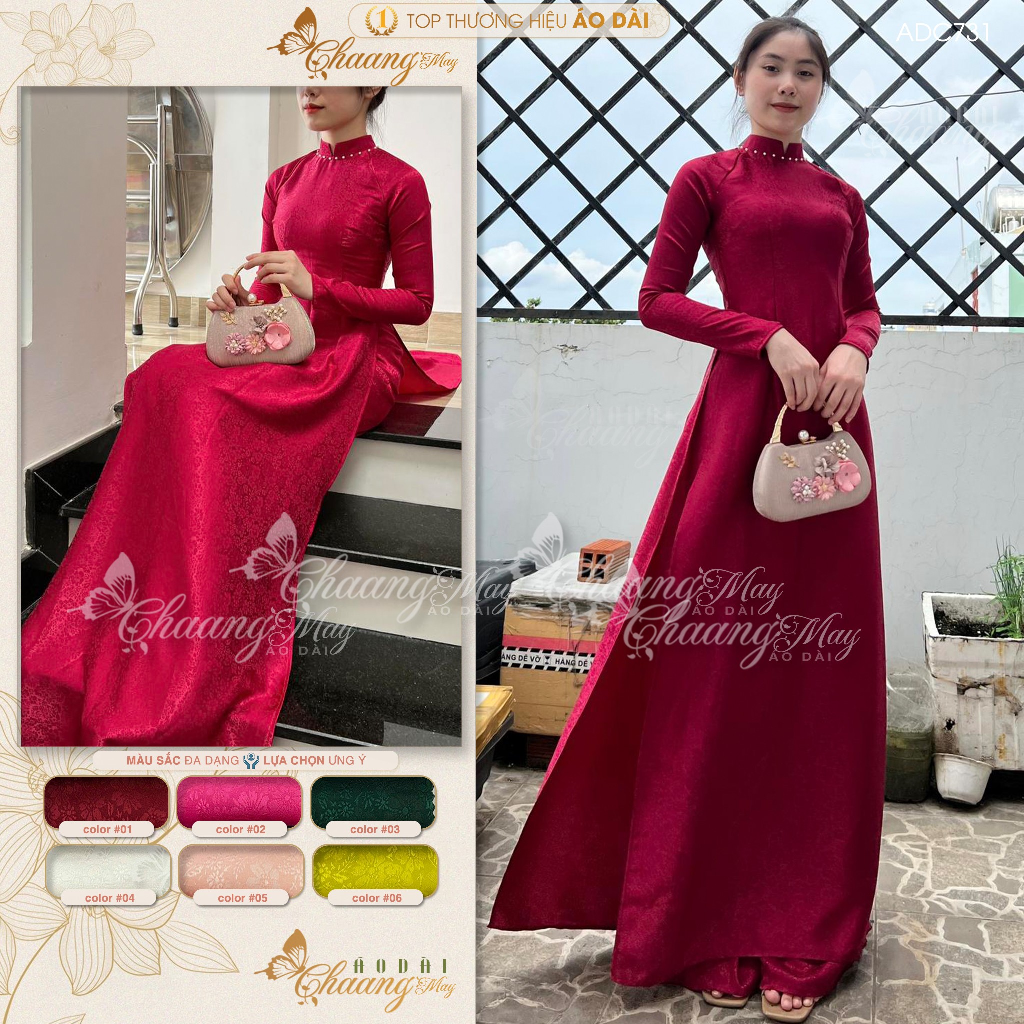 Áo dài gấm tơ đỏ đô tươi truyền thống Chaang may sẵn áo dài cô giáo trẻ trung niên dự tiệc cưới hỏi lễ tết đẹp ADC735