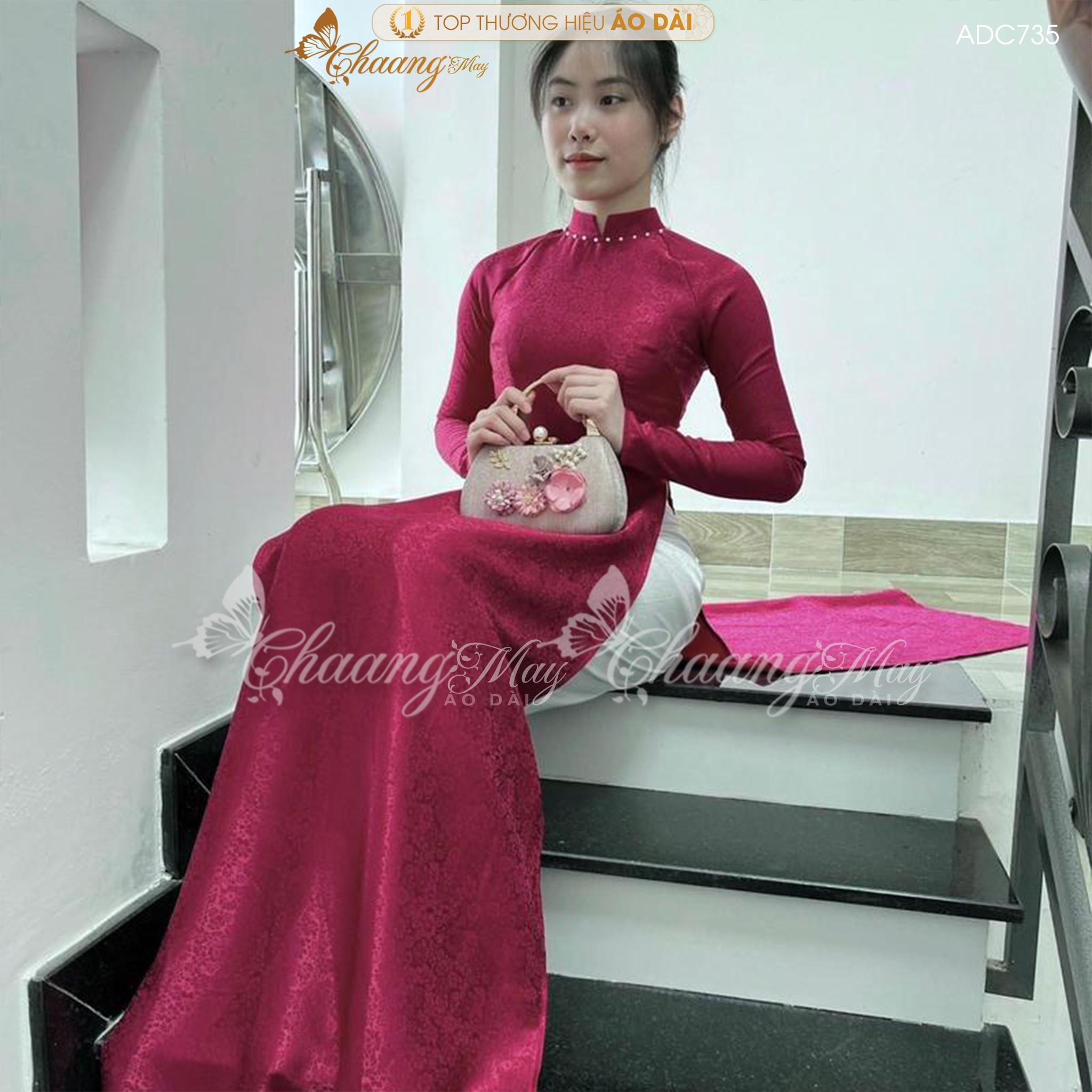Áo dài gấm tơ đỏ đô tươi truyền thống Chaang may sẵn áo dài cô giáo trẻ trung niên dự tiệc cưới hỏi lễ tết đẹp ADC735