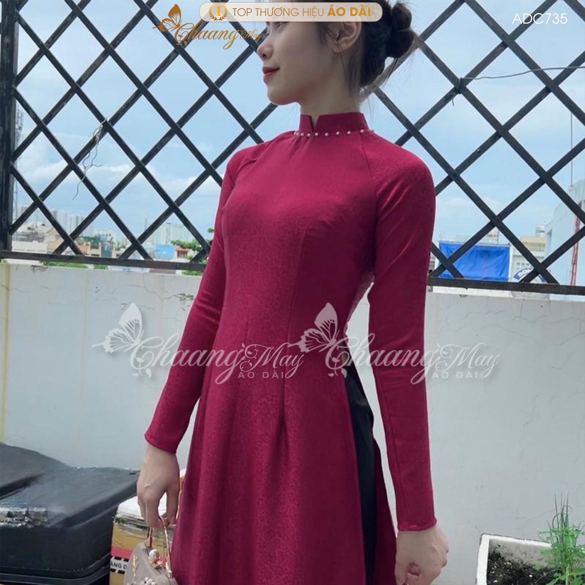 Áo dài gấm tơ đỏ đô tươi truyền thống Chaang may sẵn áo dài cô giáo trẻ trung niên dự tiệc cưới hỏi lễ tết đẹp ADC735