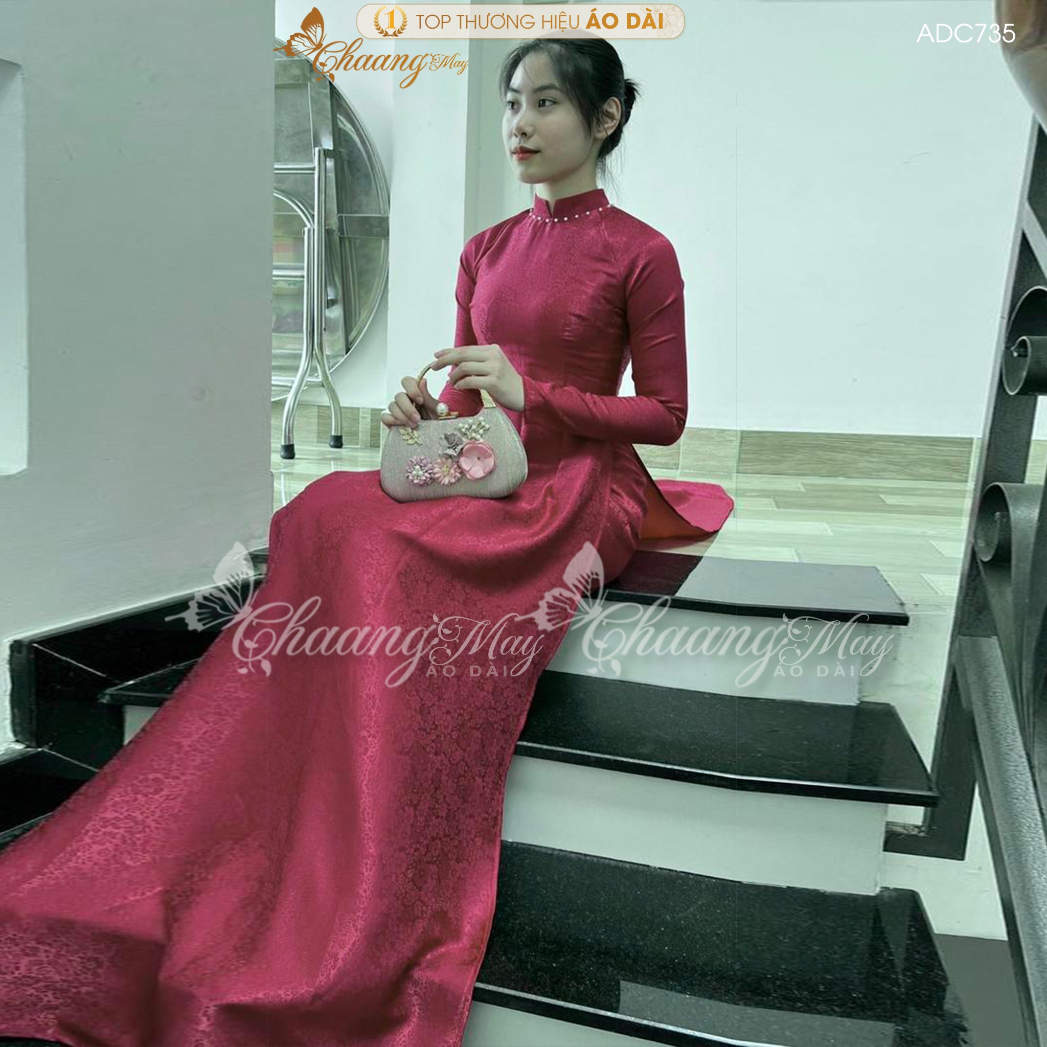 Áo dài gấm tơ đỏ đô tươi truyền thống Chaang may sẵn áo dài cô giáo trẻ trung niên dự tiệc cưới hỏi lễ tết đẹp ADC735