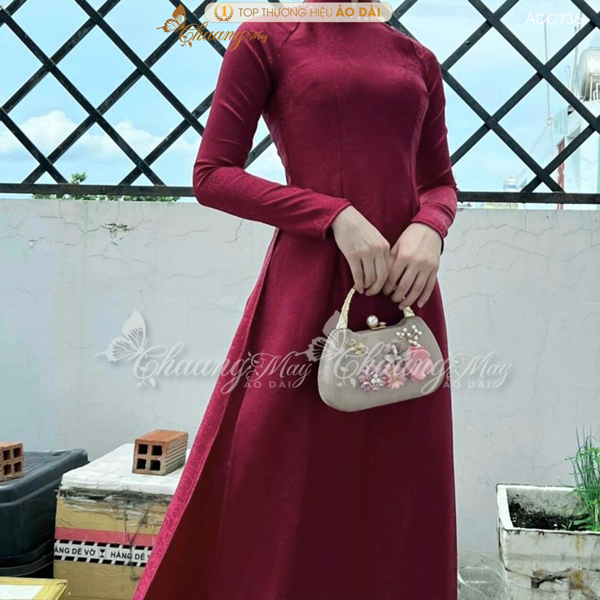 Áo dài gấm tơ đỏ đô tươi truyền thống Chaang may sẵn áo dài cô giáo trẻ trung niên dự tiệc cưới hỏi lễ tết đẹp ADC735