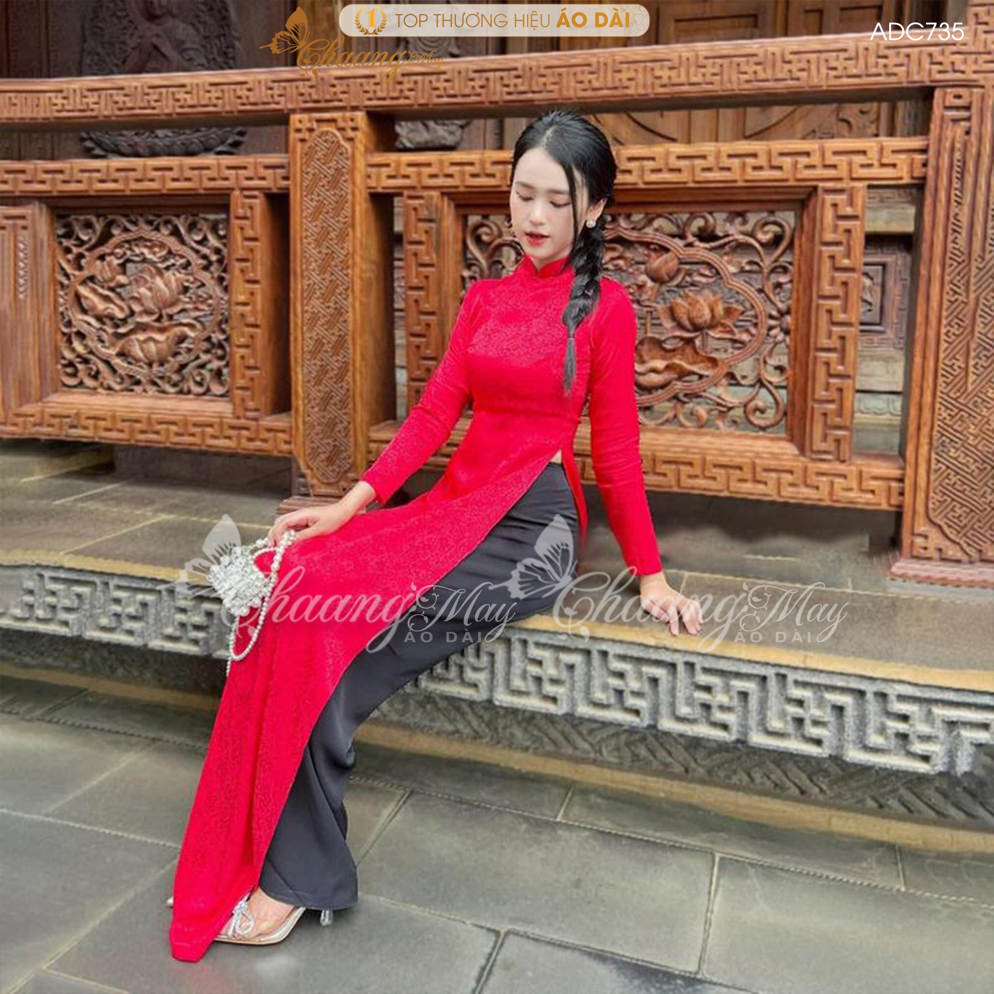 Áo dài gấm tơ đỏ đô tươi truyền thống Chaang may sẵn áo dài cô giáo trẻ trung niên dự tiệc cưới hỏi lễ tết đẹp ADC735