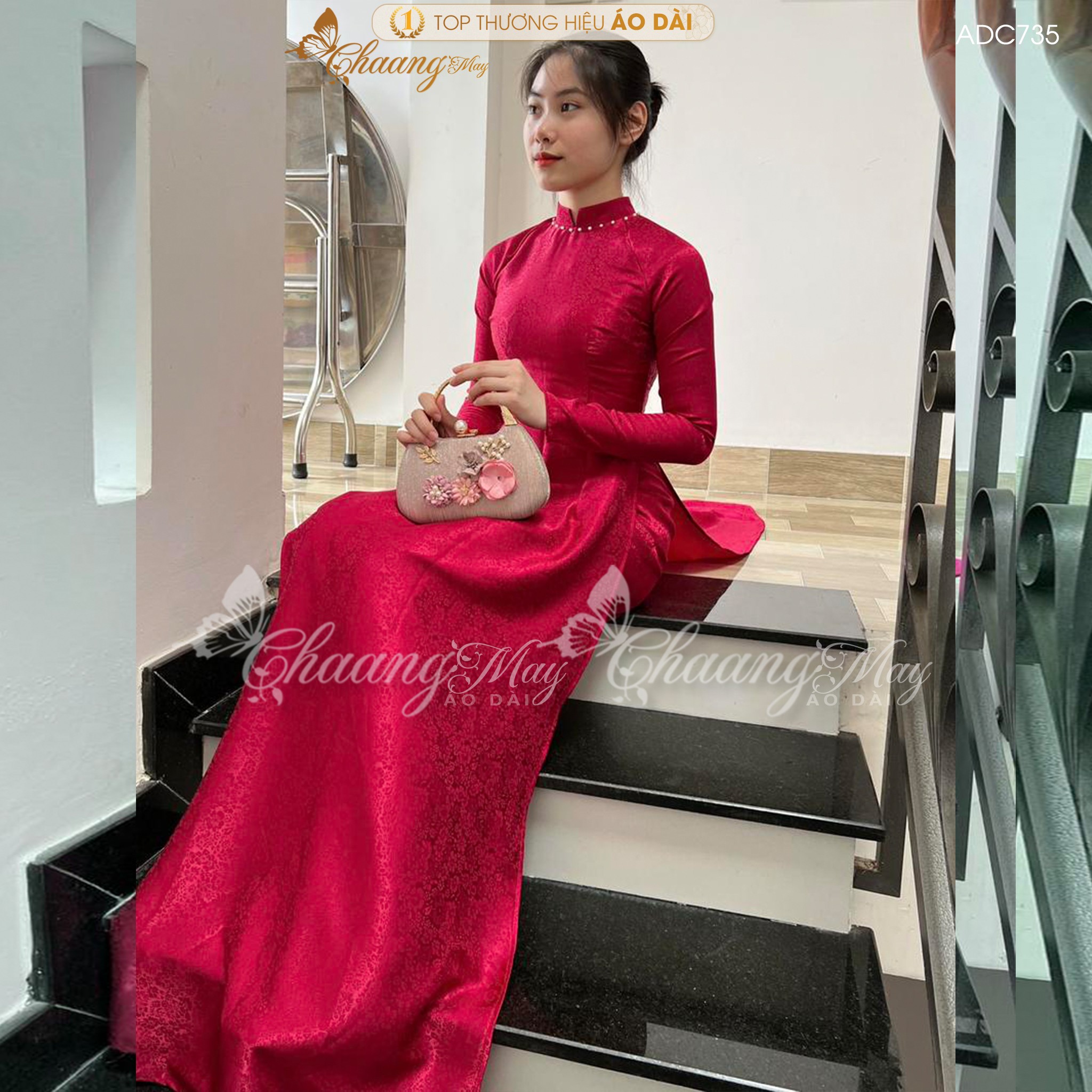 Áo dài gấm tơ đỏ đô tươi truyền thống Chaang may sẵn áo dài cô giáo trẻ trung niên dự tiệc cưới hỏi lễ tết đẹp ADC735