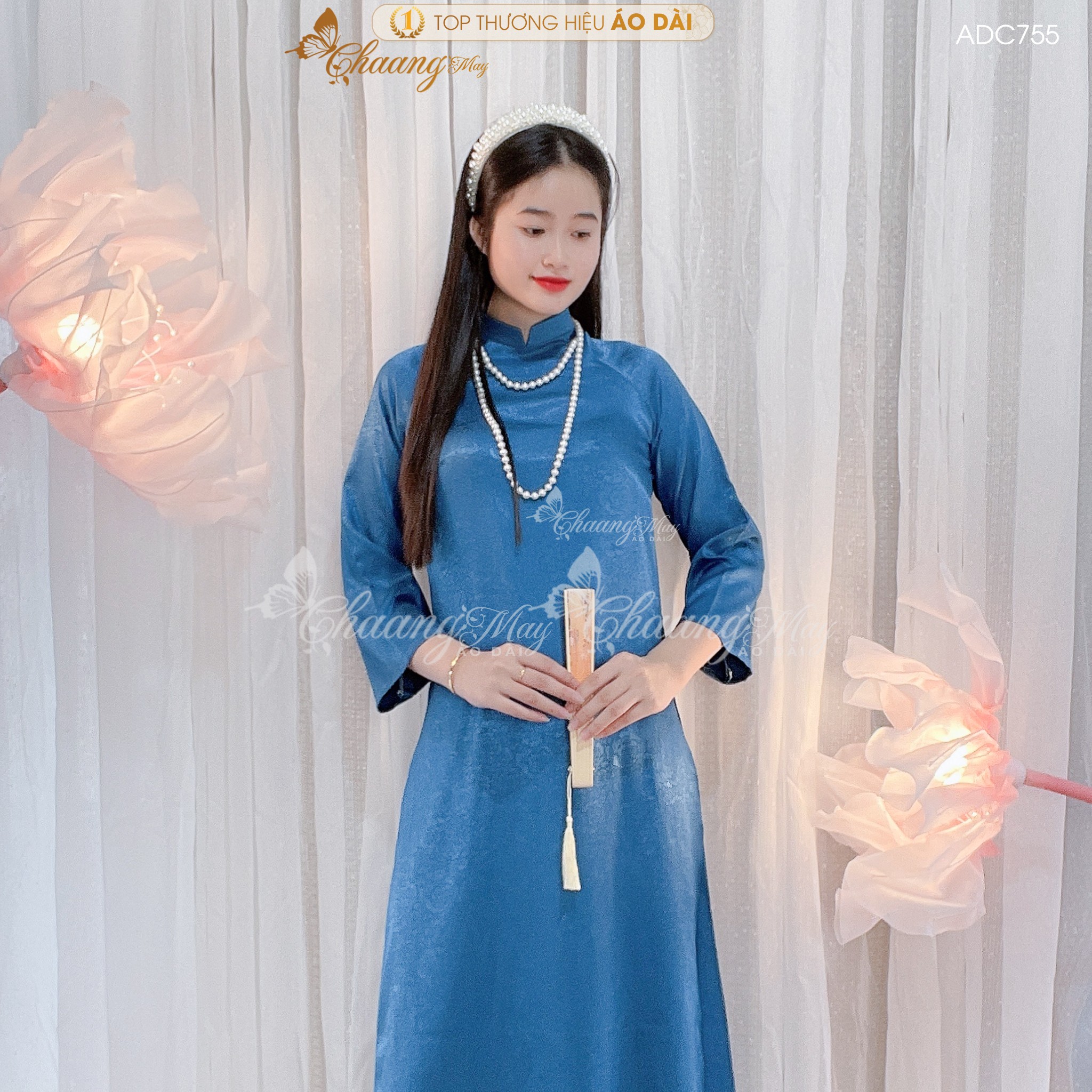 Áo dài cách tân nữ gấm xanh navy dáng suông xưa Chaang may sẵn áo dài bầu xuông rộng dự tiệc cưới lễ tết đẹp ADC755