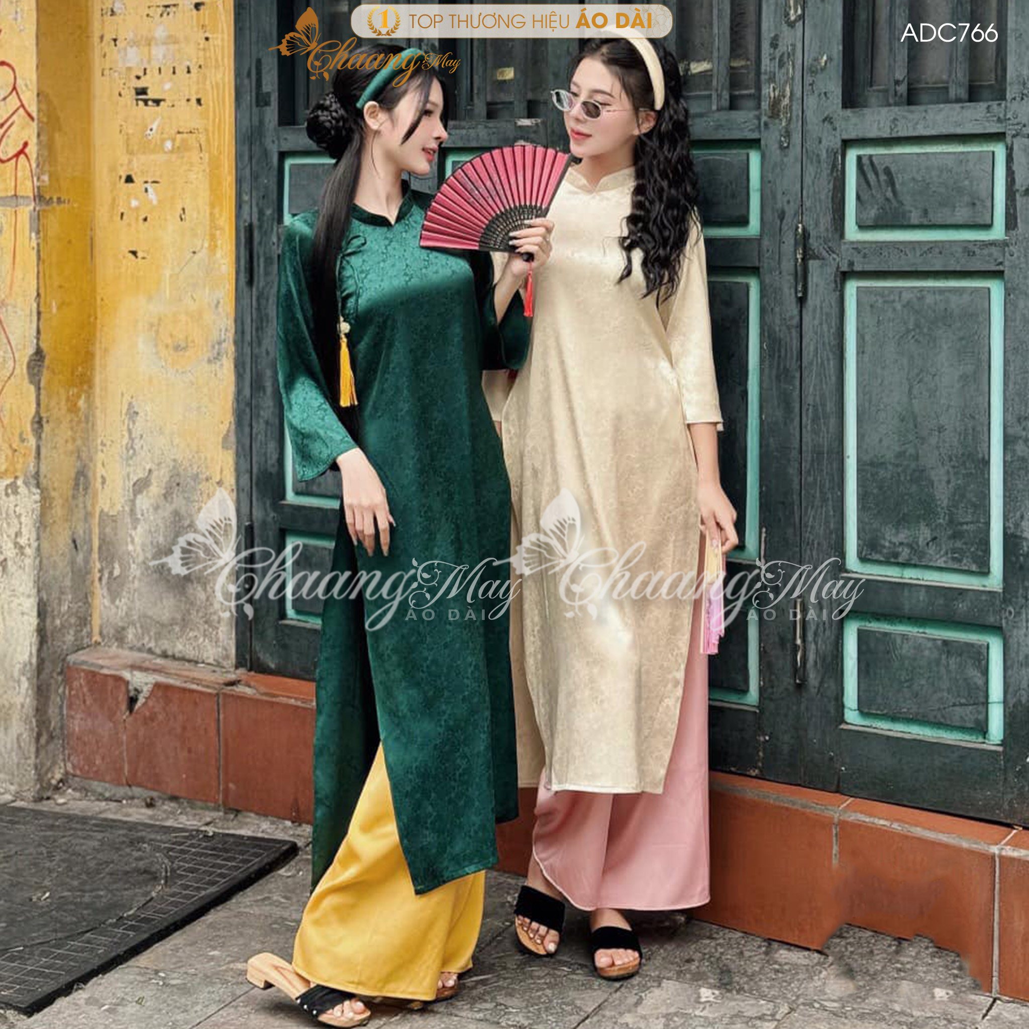 Áo dài cách tân nữ gấm xanh rêu dáng suông xưa đính nơ Chaang may sẵn áo dài xuông bầu dự tiệc cưới lễ tết đẹp ADC766