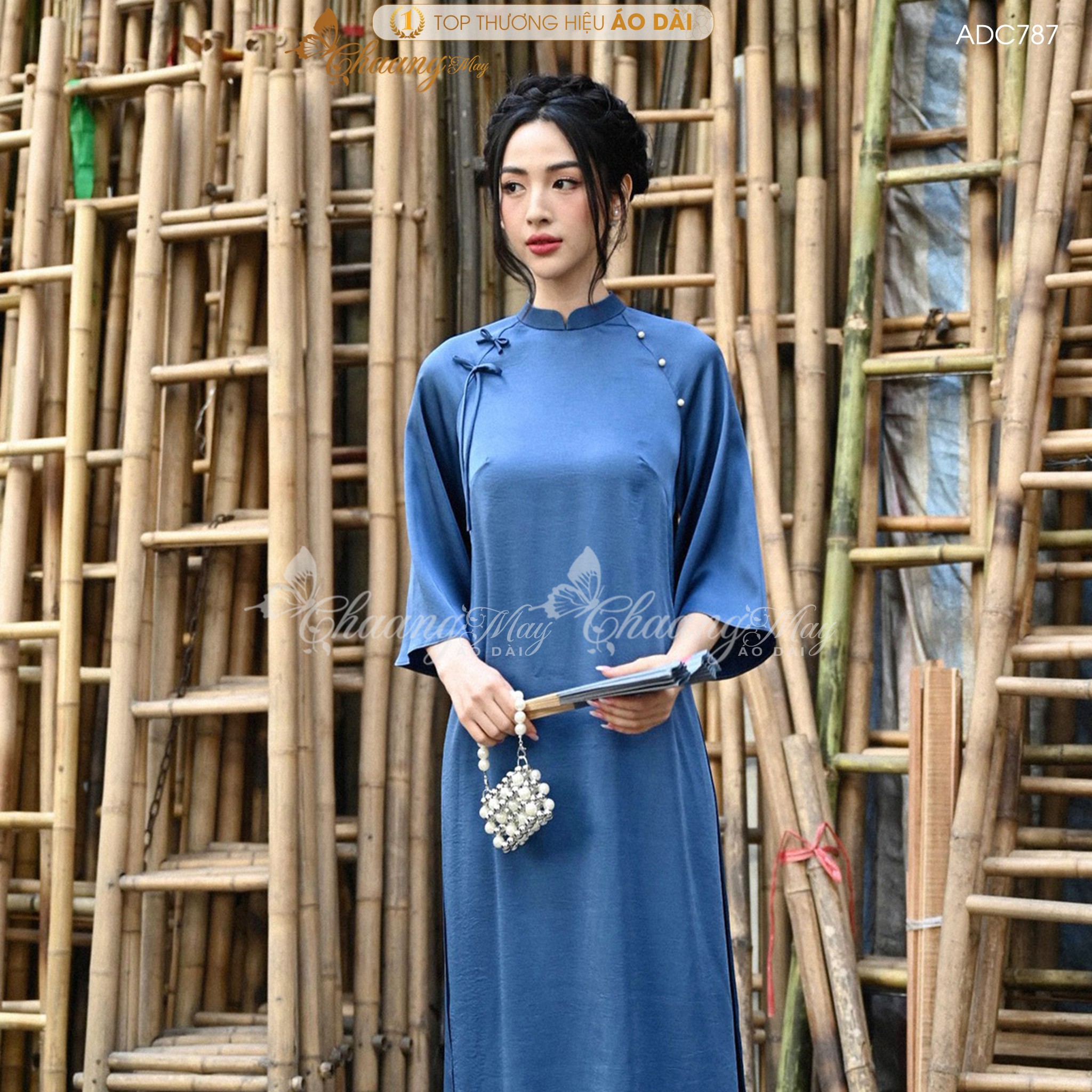 Áo dài cách tân nữ Lụa dáng suông xưa đính nơ ngọc Chaang may sẵn áo dài xuông bầu rộng dự tiệc cưới lễ tết đẹp ADC787