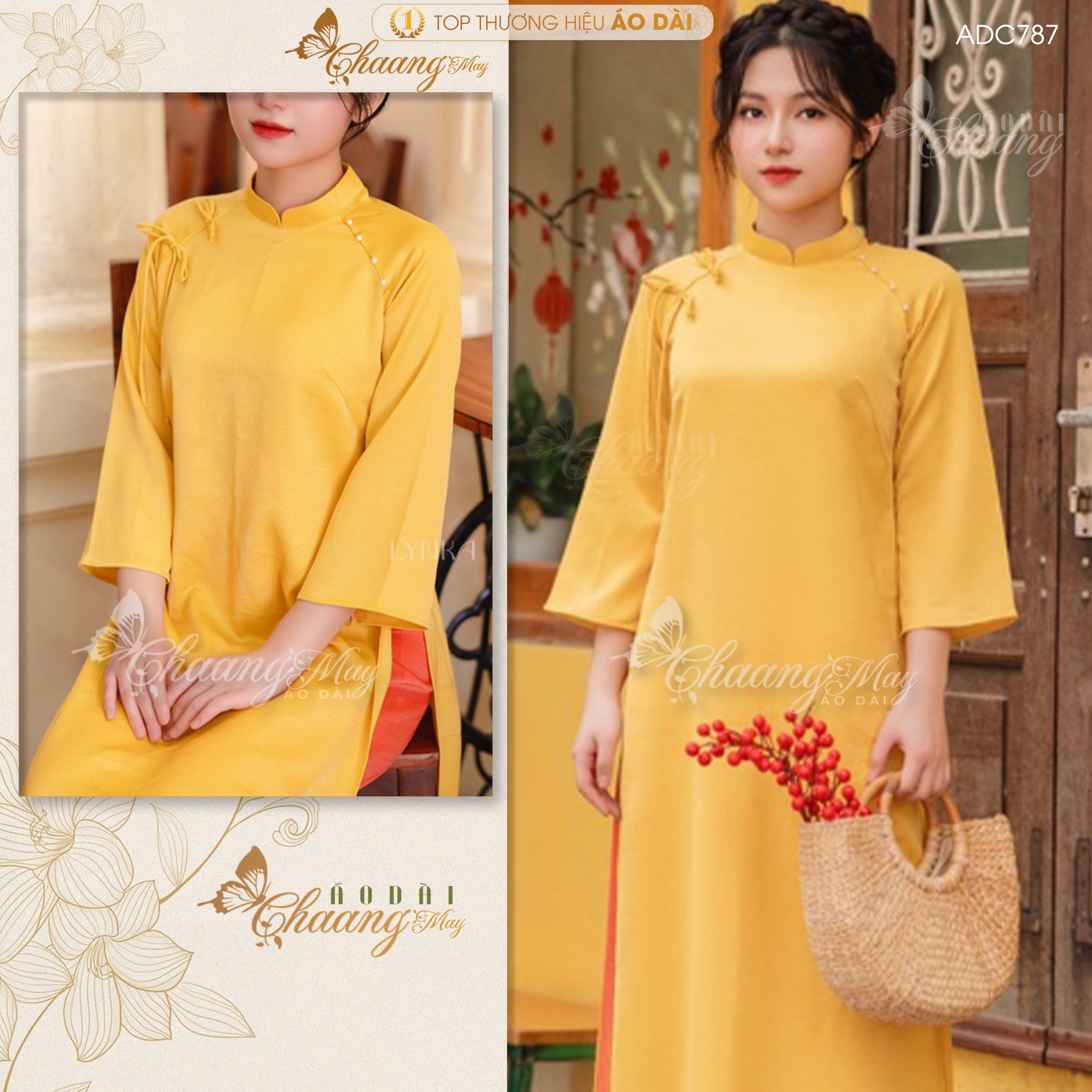 Áo dài cách tân nữ Lụa dáng suông xưa đính nơ ngọc Chaang may sẵn áo dài xuông bầu rộng dự tiệc cưới lễ tết đẹp ADC787