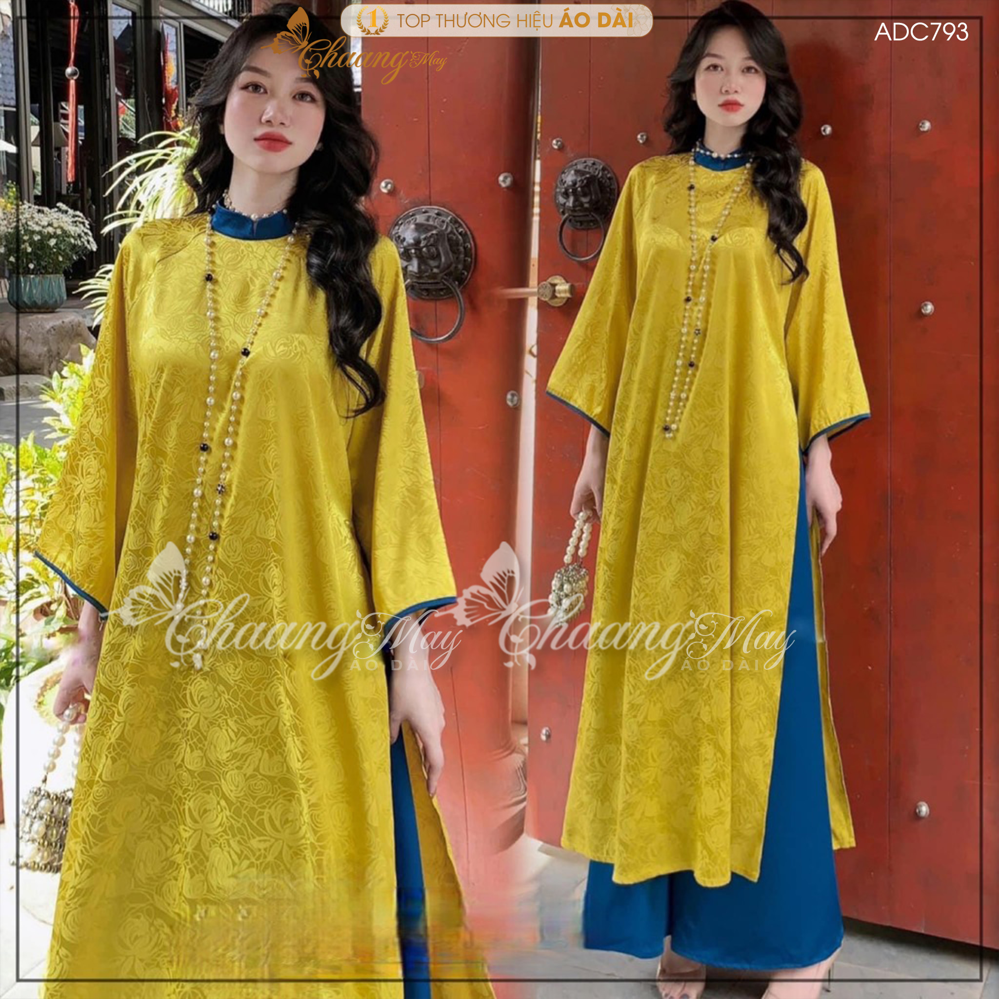 Áo dài Suông cách tân nữ gấm tơ phối cổ tay quần Chaang may sẵn áo dài xuông xưa cổ phục dự tiệc cưới lễ tết đẹp ADC793