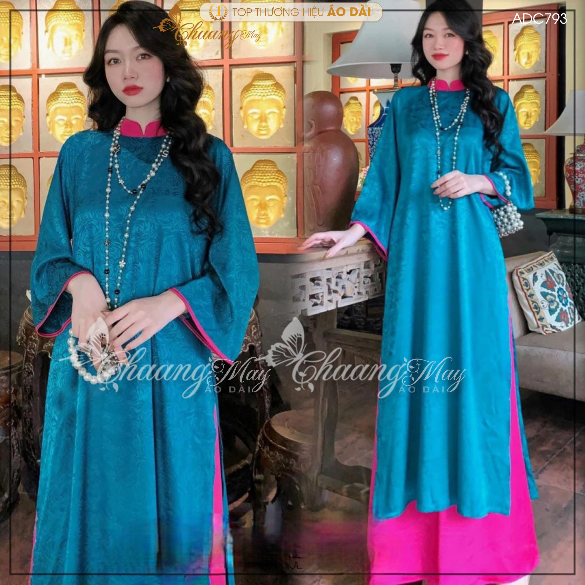 Áo dài Suông cách tân nữ gấm tơ phối cổ tay quần Chaang may sẵn áo dài xuông xưa cổ phục dự tiệc cưới lễ tết đẹp ADC793