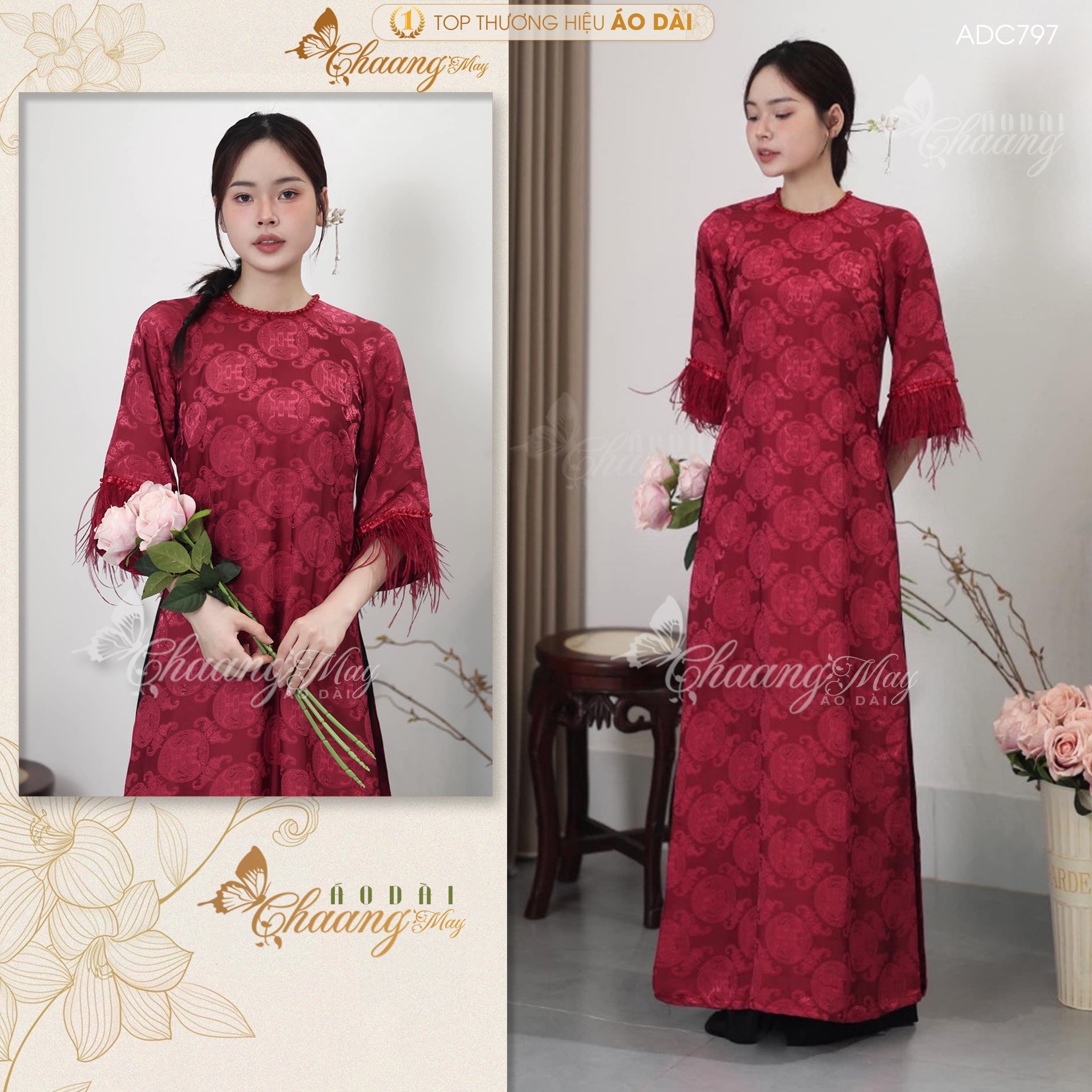 Áo dài truyền thống dáng suông xưa gấm chữ thọ dơi tay lông vũ may sẵn áo dài cách tân nữ dự tiệc cưới lễ tết đẹp ADC797