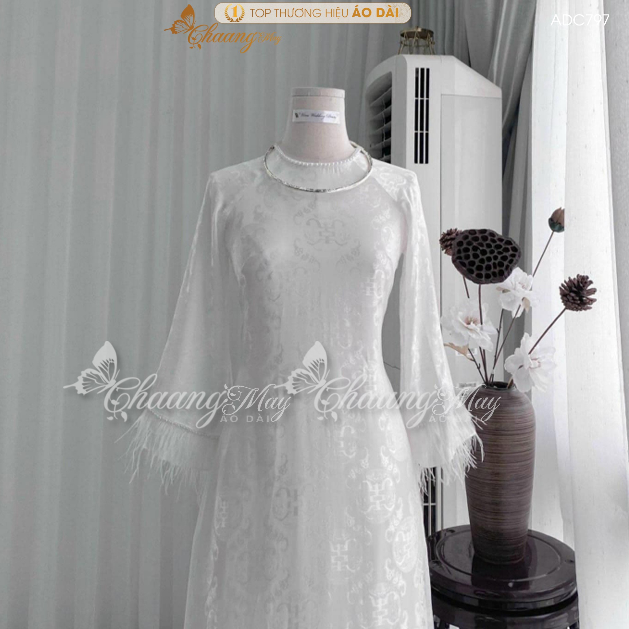Áo dài truyền thống dáng suông xưa gấm chữ thọ dơi tay lông vũ may sẵn áo dài cách tân nữ dự tiệc cưới lễ tết đẹp ADC797