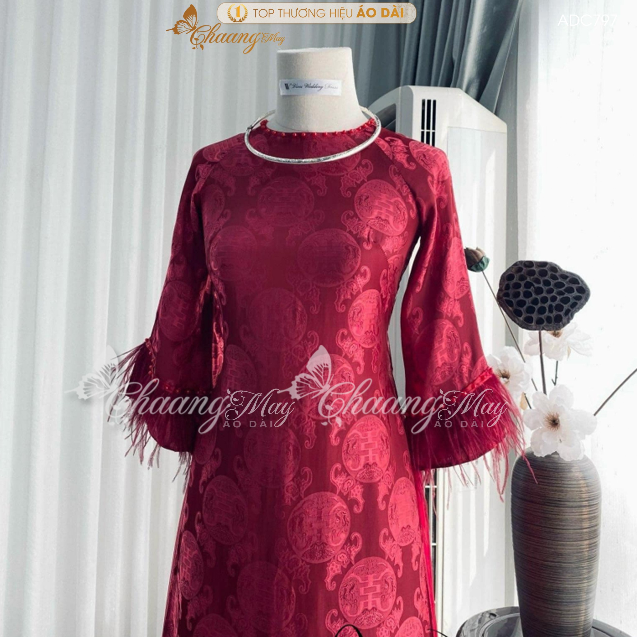Áo dài truyền thống dáng suông xưa gấm chữ thọ dơi tay lông vũ may sẵn áo dài cách tân nữ dự tiệc cưới lễ tết đẹp ADC797