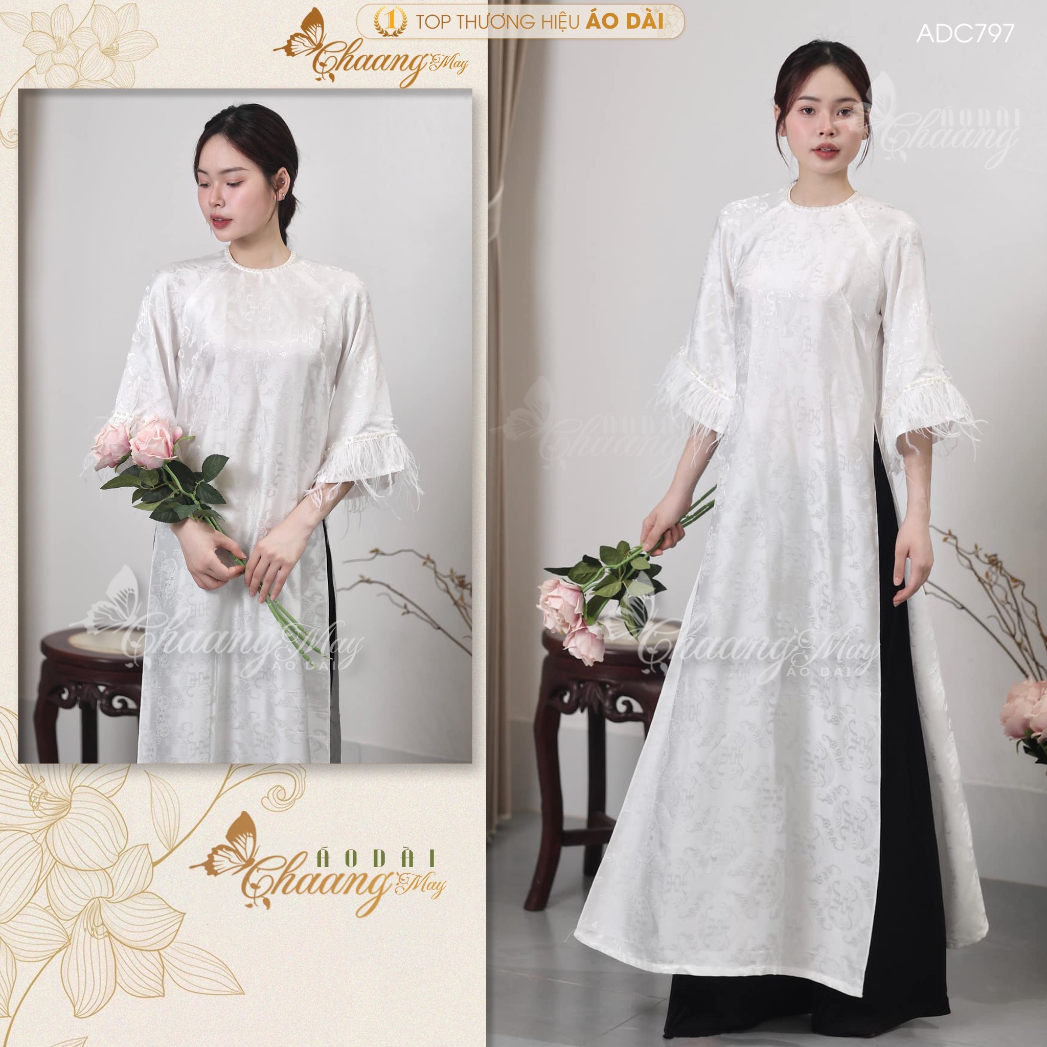 Áo dài truyền thống dáng suông xưa gấm chữ thọ dơi tay lông vũ may sẵn áo dài cách tân nữ dự tiệc cưới lễ tết đẹp ADC797