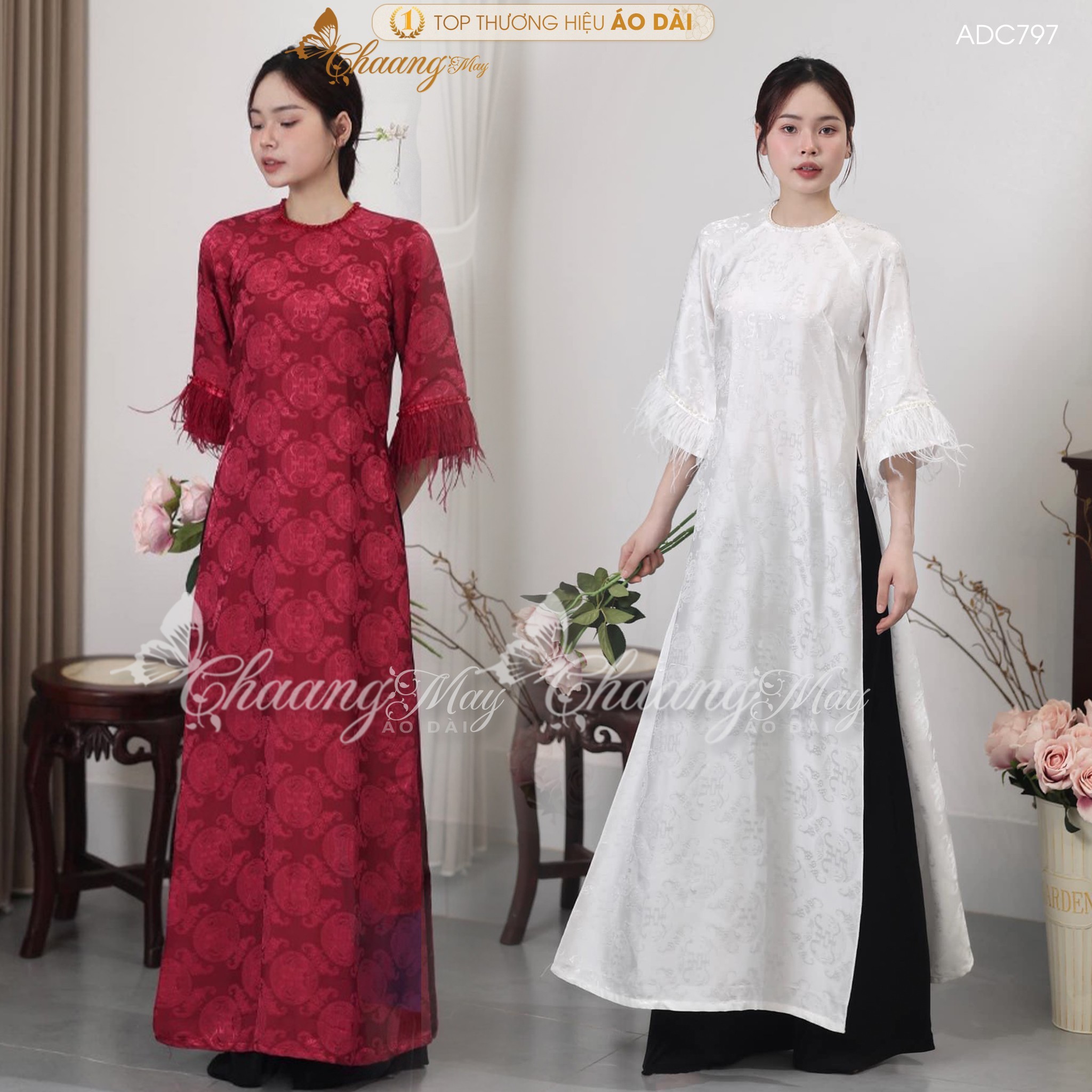 Áo dài truyền thống dáng suông xưa gấm chữ thọ dơi tay lông vũ may sẵn áo dài cách tân nữ dự tiệc cưới lễ tết đẹp ADC797