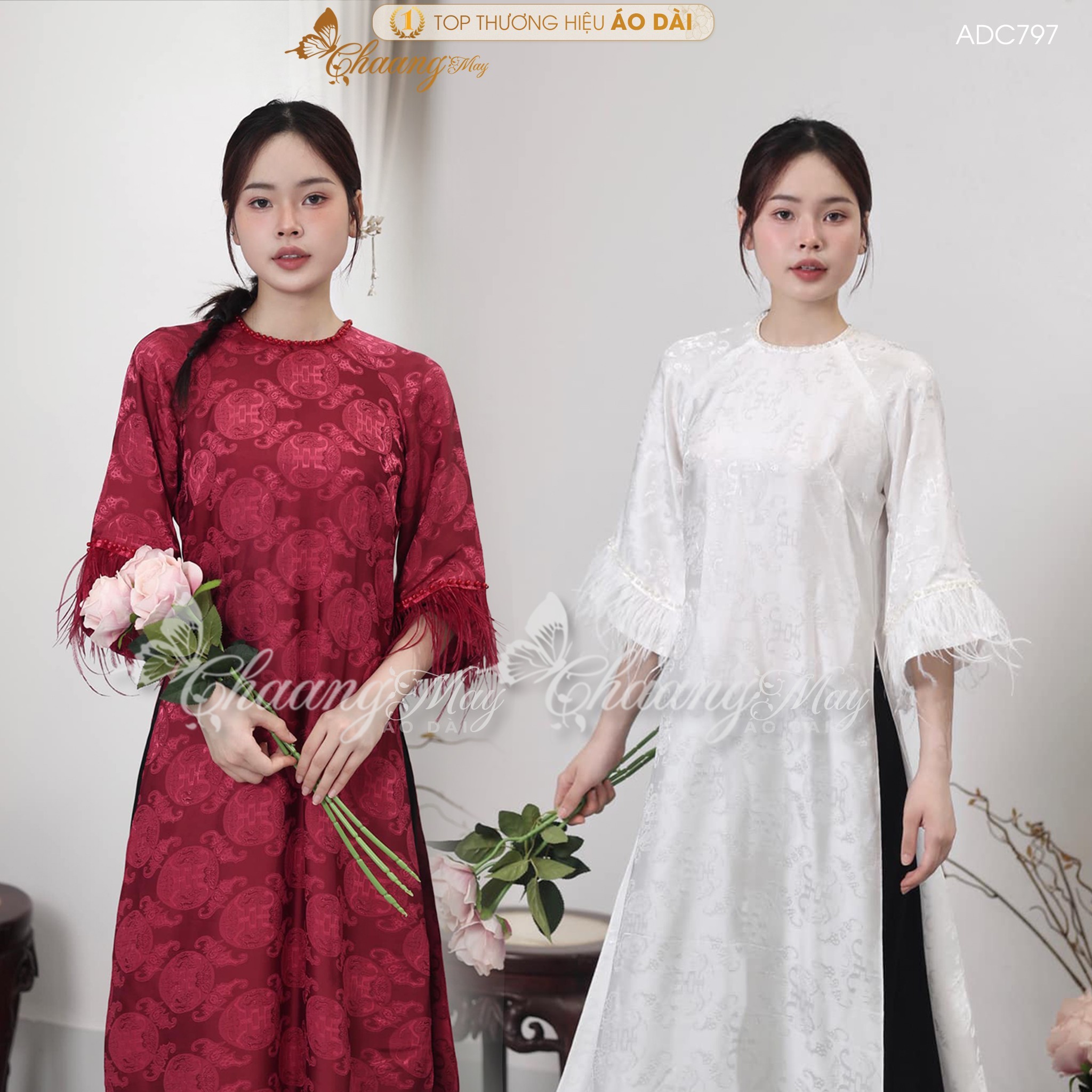 Áo dài truyền thống dáng suông xưa gấm chữ thọ dơi tay lông vũ may sẵn áo dài cách tân nữ dự tiệc cưới lễ tết đẹp ADC797