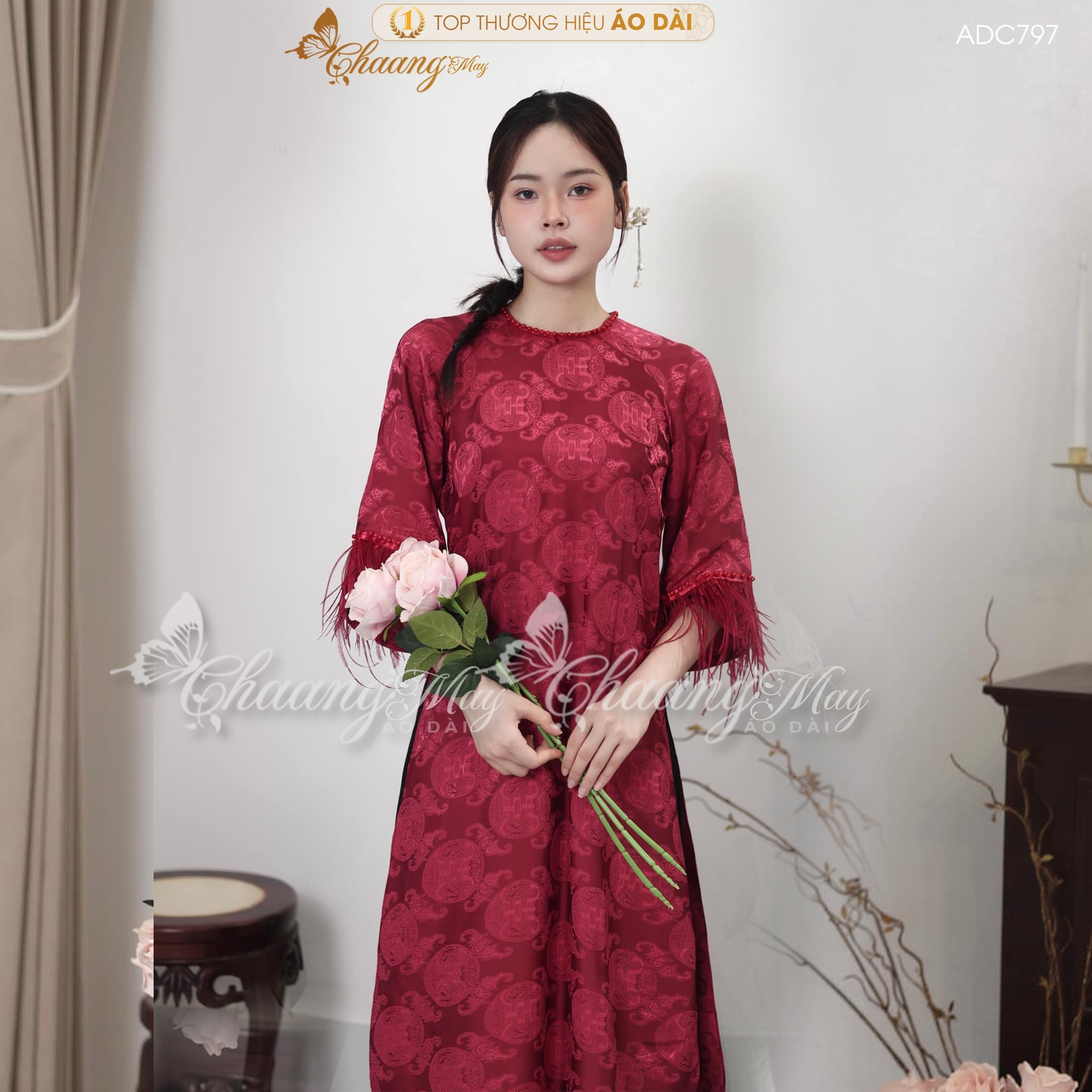 Áo dài truyền thống dáng suông xưa gấm chữ thọ dơi tay lông vũ may sẵn áo dài cách tân nữ dự tiệc cưới lễ tết đẹp ADC797