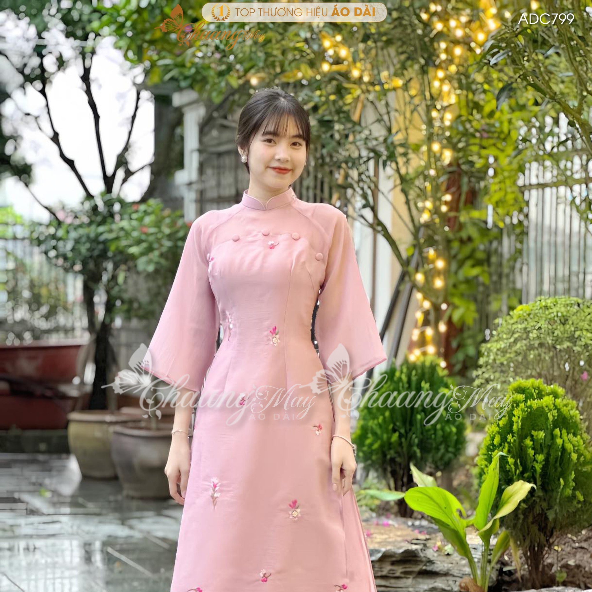 Áo dài cách tân nữ Trúc Liên hồng cao cấp CHAANG may sẵn ADC799 áo dài lụa thêu hoa 4 tà cô giáo dự tiệc cưới lễ tết đẹp