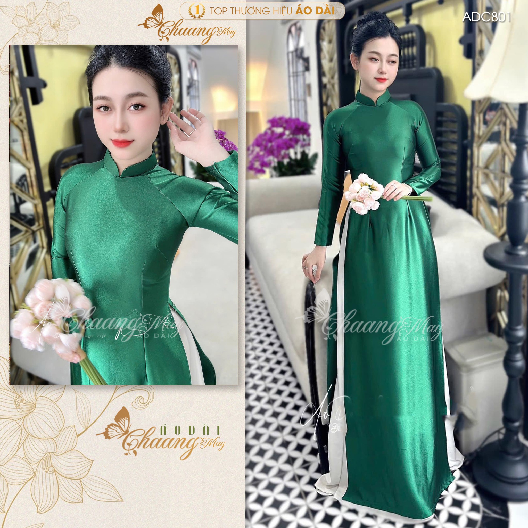 Áo dài truyền thống lụa bóng ruby Tô Châu CHAANG may sẵn ADC802 áo dài màu xanh đỏ giáo viên dự tiệc cưới lễ Tết đẹp