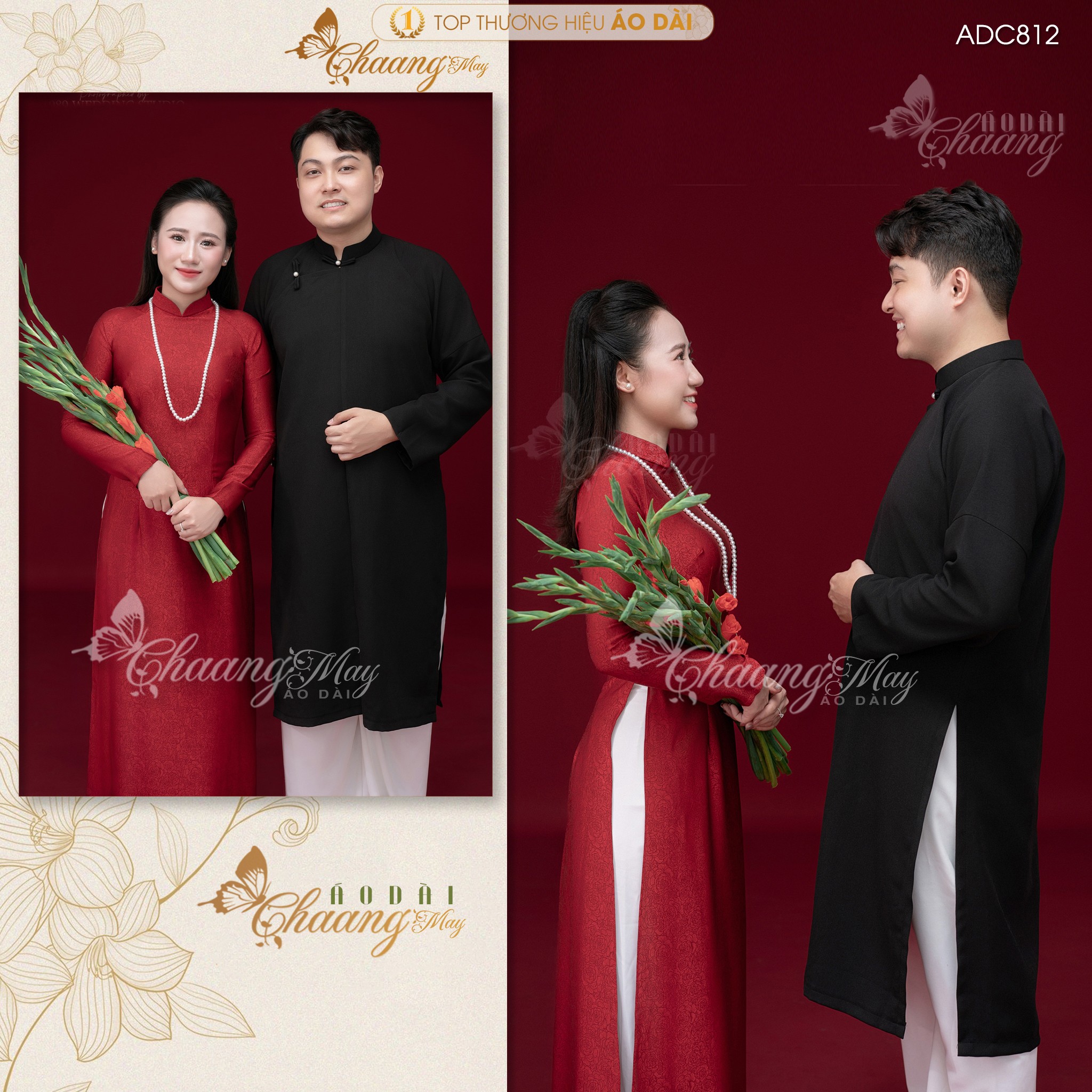Áo dài cô dâu chú rể cặp đôi cổ phục cưới Việt CHAANG may sẵn áo dài tấc nam nữ dự tiệc đám hỏi lễ tết đẹp ADC812