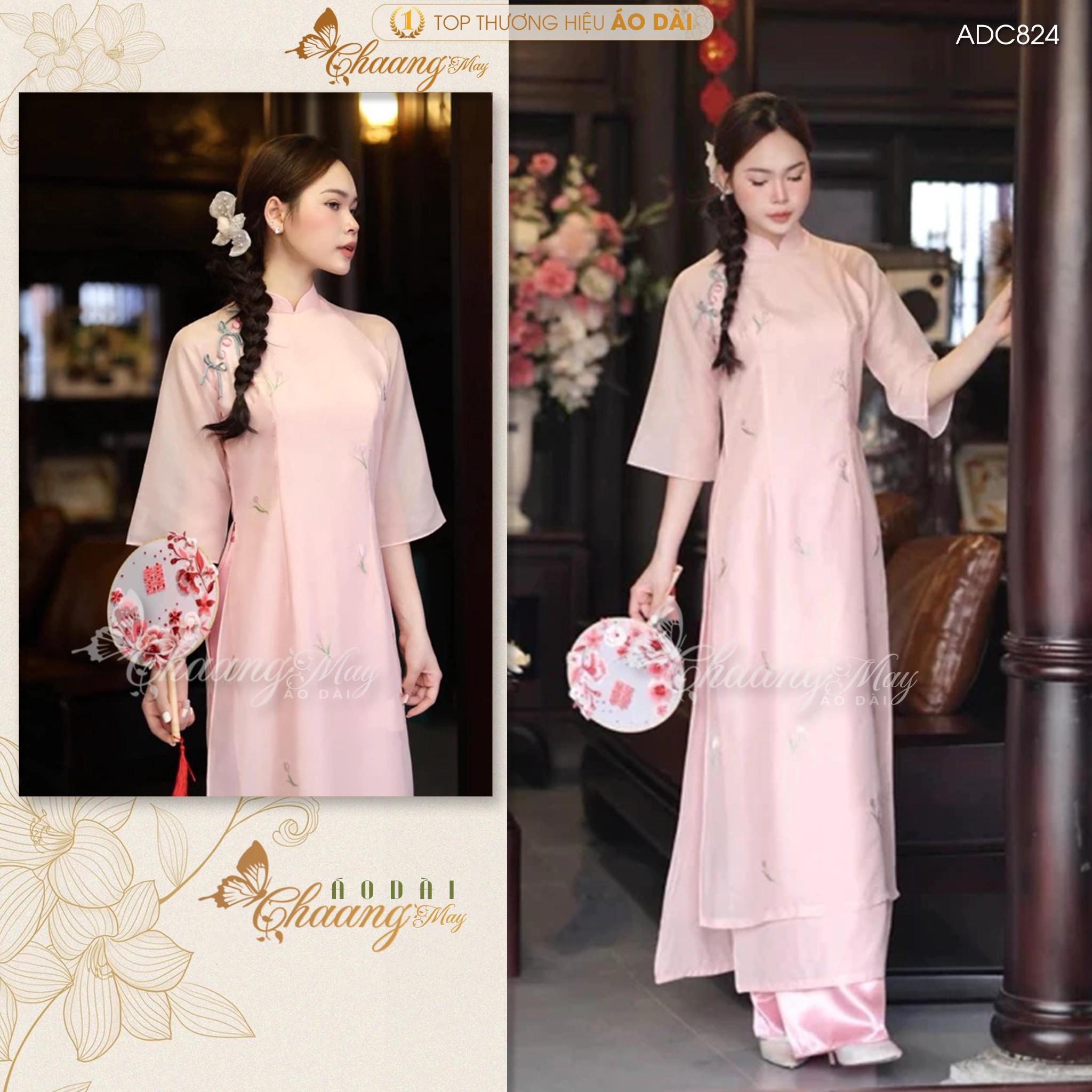 Áo dài cách tân nữ Ý Xuân xinh CHAANG may sẵn ADC824 áo dài lụa thêu hoa Tulip 4 tà dự tiệc cưới lễ Tết đẹp
