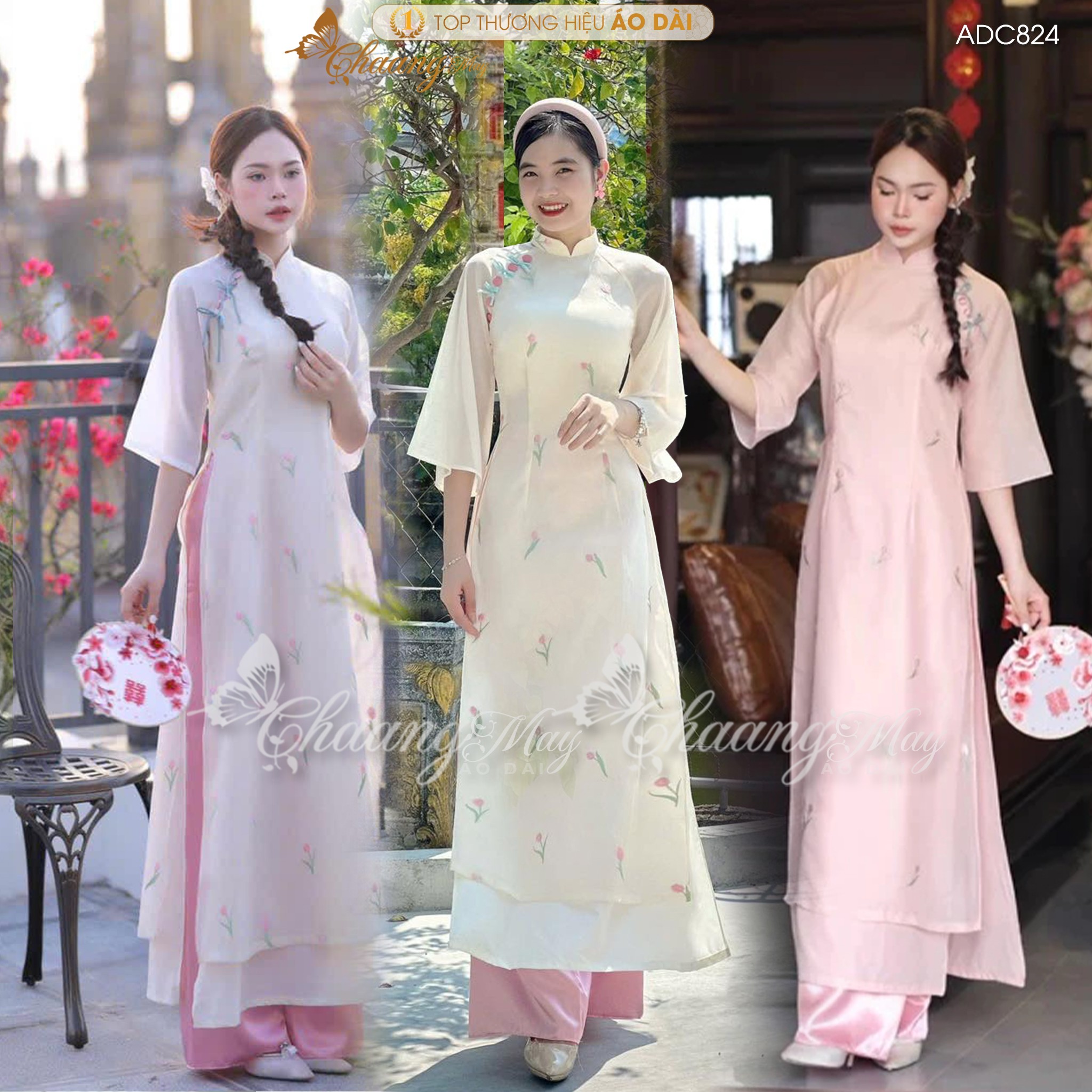 Áo dài cách tân nữ Ý Xuân xinh CHAANG may sẵn ADC824 áo dài lụa thêu hoa Tulip 4 tà dự tiệc cưới lễ Tết đẹp