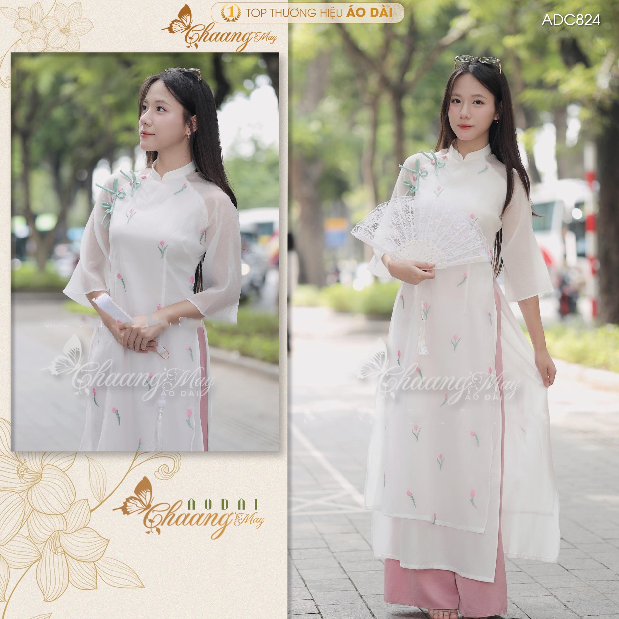 Áo dài cách tân nữ Ý Xuân xinh CHAANG may sẵn ADC824 áo dài lụa thêu hoa Tulip 4 tà dự tiệc cưới lễ Tết đẹp