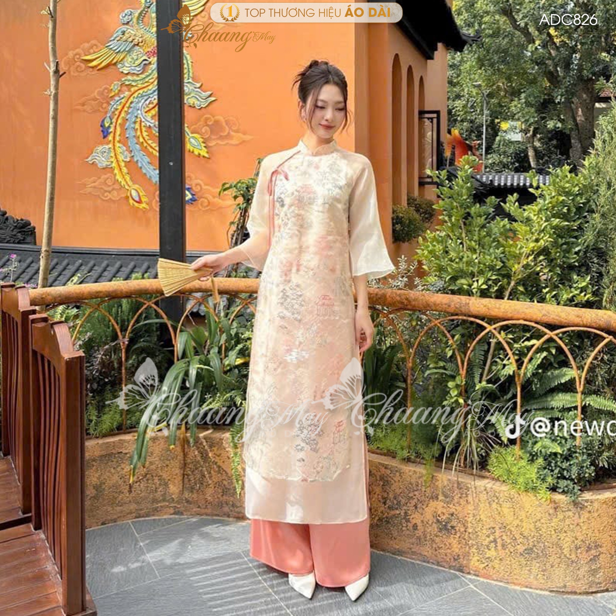 Áo dài cách tân nữ hồng Xuân Viên Thủy Mạc CHAANG May sẵn ADC826 áo dài lụa thêu hoa nhí 4 tà dự tiệc cưới lễ tết đẹp