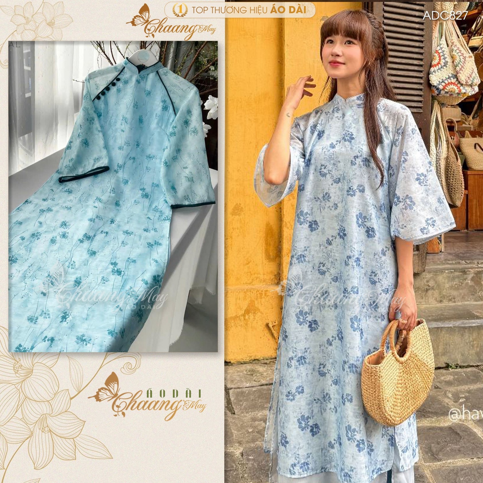 Áo dài cách tân nữ Hàn Dũ hoa nhí cánh phượng CHAANG May sẵn ADC827 áo dài lụa 4 tà dự tiệc cưới lễ Tết đẹp