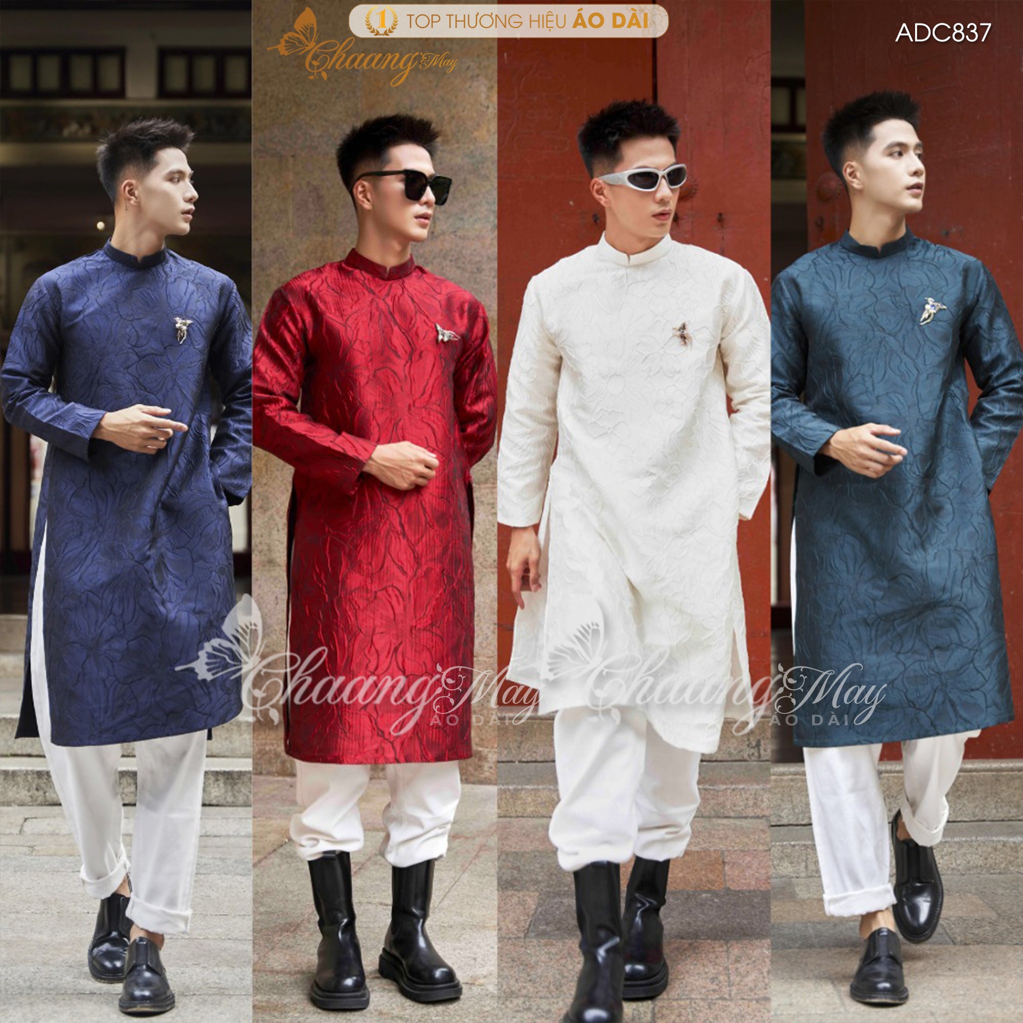 Áo dài cách tân Nam gấm Tafta hoa Chaang may sẵn ADC837 áo dài truyền thống xanh đỏ chụp hình dự tiệc cưới lễ Tết đẹp