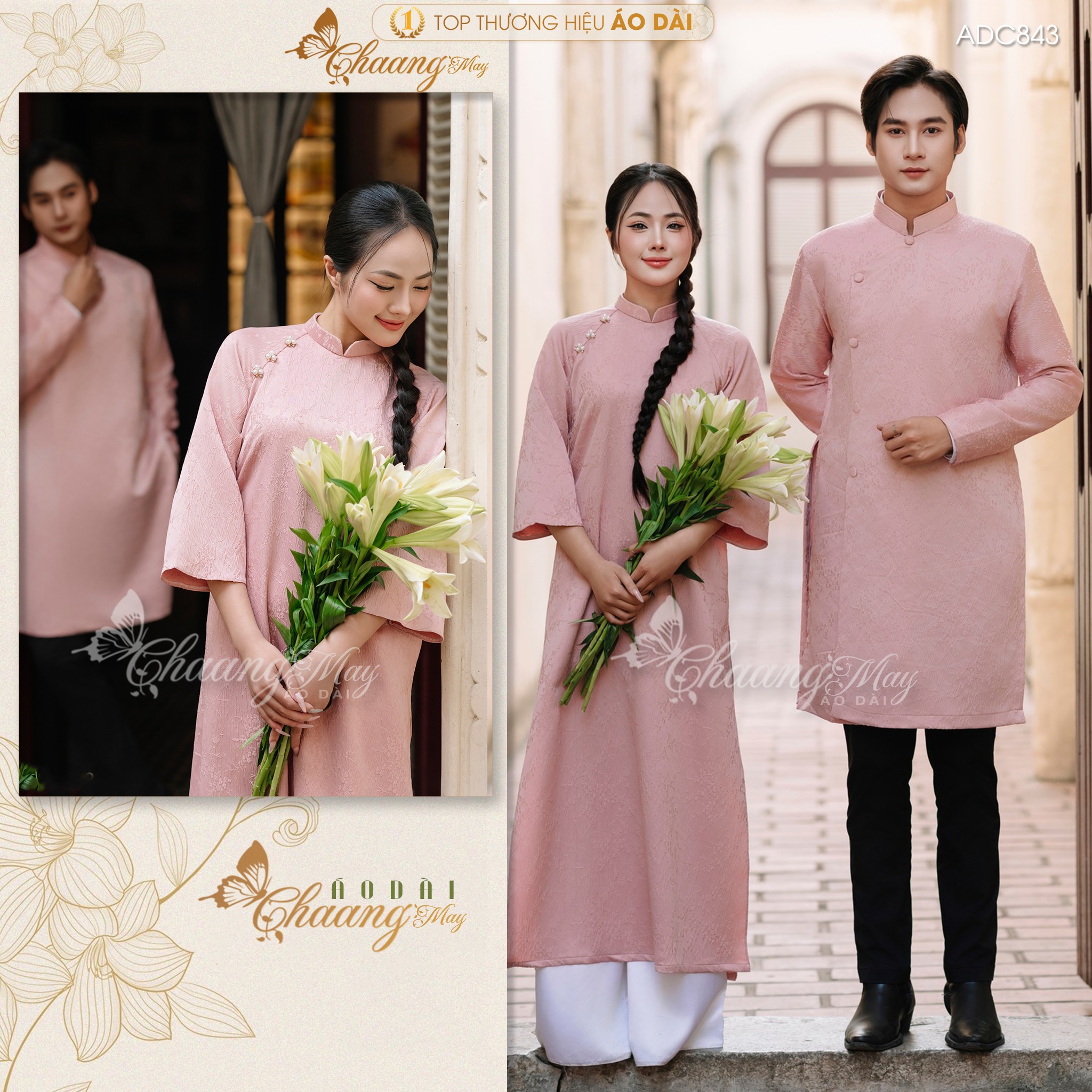 Áo dài cách tân nam nữ  Châu Sa cặp đôi cô dâu chú rể CHAANG may sẵn ADC843 áo dài suông dự tiệc cưới đám hỏi lễ Tết đẹp