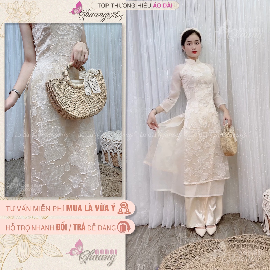 Áo Dài Cách Tân Nữ Vân Nổi Phối Tay Loe Chaang May Sẵn Họa Tiết Nổi Bật Dự Tiệc Lễ Tết Đẹp Sang Trọng