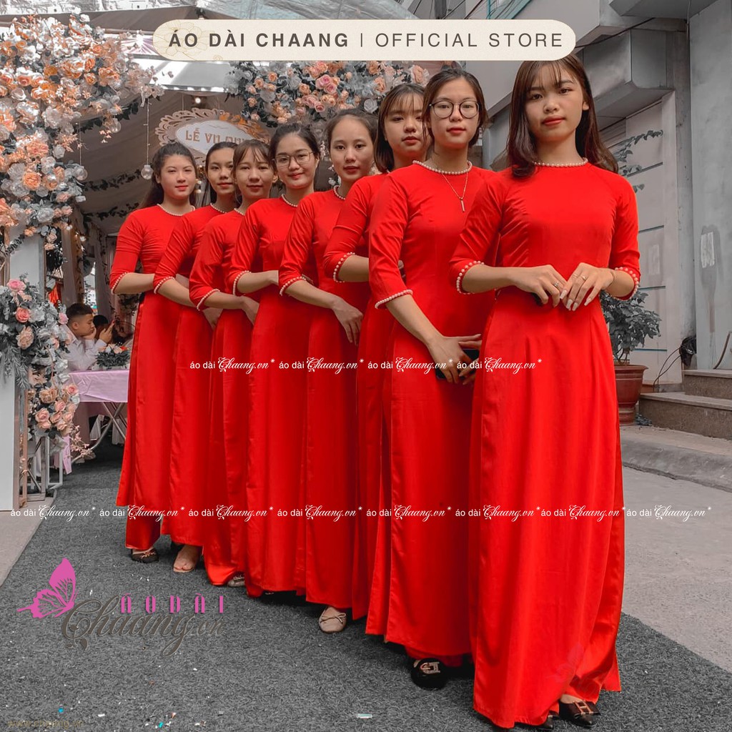 Áo dài đỏ cổ tròn CHAANG May sẵn kiểu tay lỡ viền đính đá ngọc, vải lụa đẹp