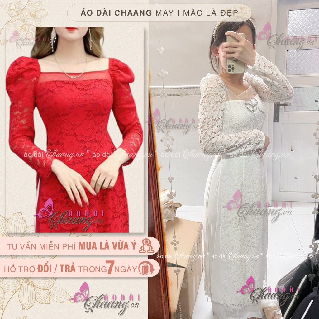 Áo Dài Đỏ Cách Tân Nữ Ren Phủ 4 Tao Cấp Cổ Voon Vuông Trễ Tay Vai Bồng Dài Dự Tiệc Lễ Tết Đẹp