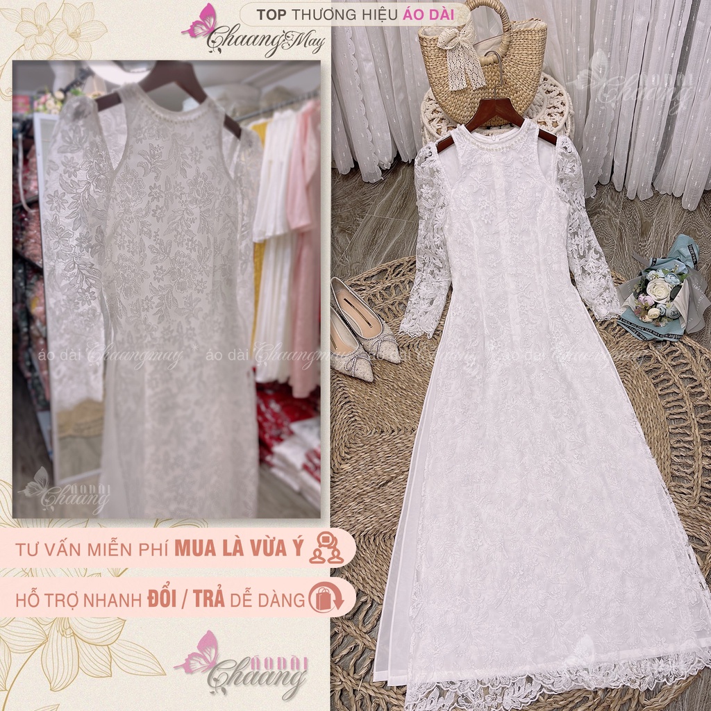 Áo dài cách tân nữ ren hoa tay bồng xẻ vai Chaang May sẵn cách điệu sang trọng trong lễ tết cưới hỏi đẹp