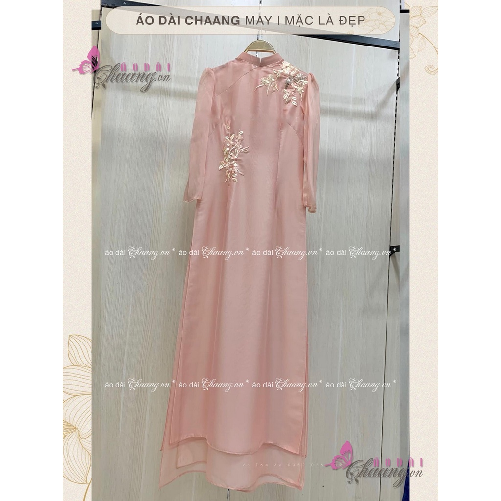 Áo Dài Cách Tân Nữ Thiết Kế Tay Bồng Lụa Tơ Hồng Da Nude Be 4 Tà Ren Hoa Cao Cấp Dự Tiệc Lễ Tết Đẹp