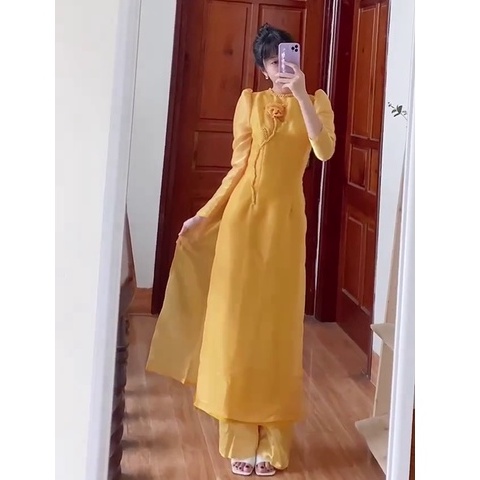 Áo Dài Cách Tân Nữ Cao Cấp May Sẵn Tay Bồng Lụa Tơ 4 Tà Cổ Tròn Kết Hoa Thủ Công Phù Hợp Dự Tiệc Lễ Tết Đẹp