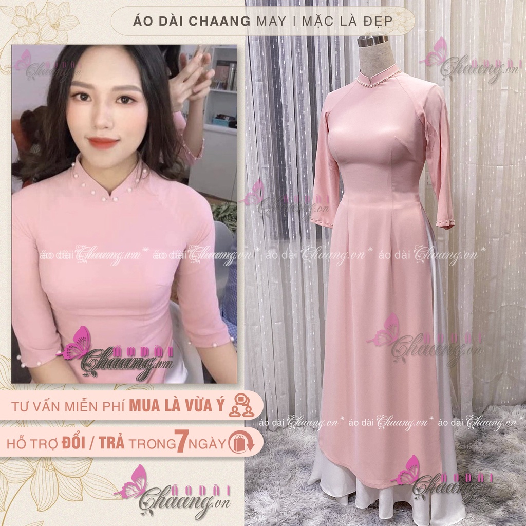 Áo dài truyền thống màu hồng Chaang May sẵn kiểu áo cổ vuông tay lỡ vải lụa tằm dự tiệc lễ tết đẹp