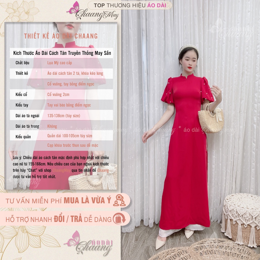 Áo dài cách tân nữ tay bồng đính ngọc Chaang May sẵn lụa Mỹ vai phồng xinh dự tiệc lễ tết đẹp
