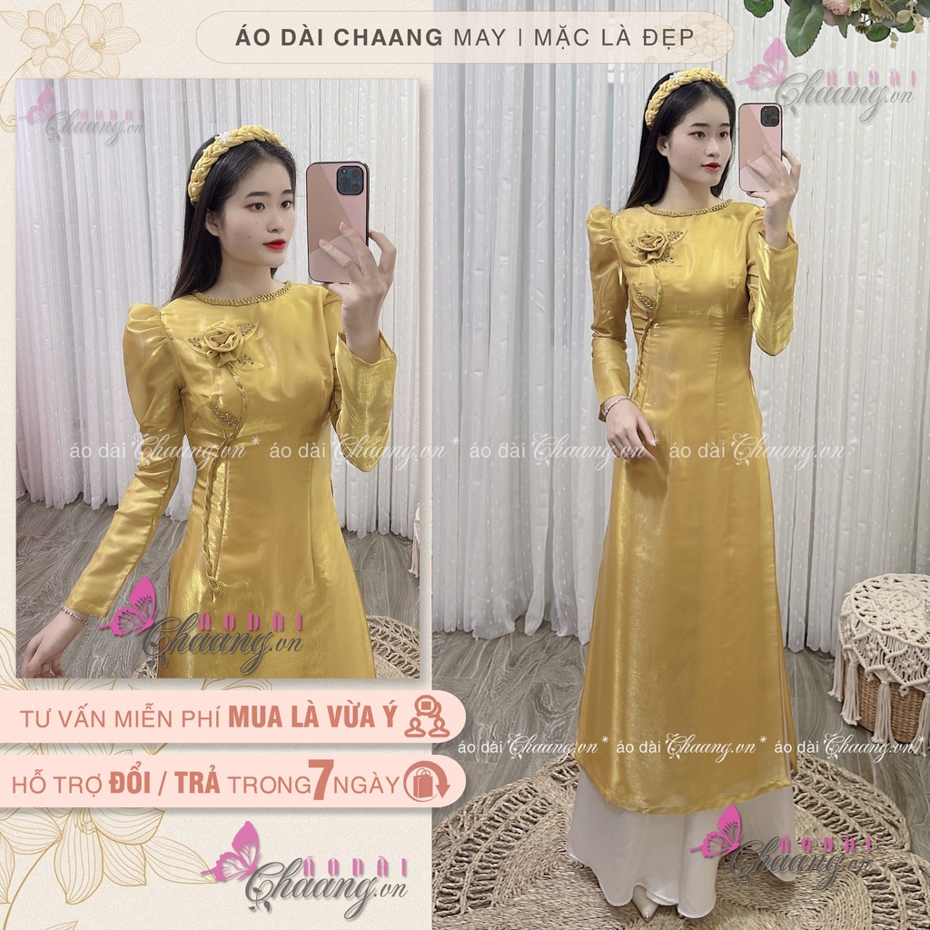 Áo Dài Cách Tân Nữ Cao Cấp May Sẵn Tay Bồng Lụa Tơ 4 Tà Cổ Tròn Kết Hoa Thủ Công Phù Hợp Dự Tiệc Lễ Tết Đẹp