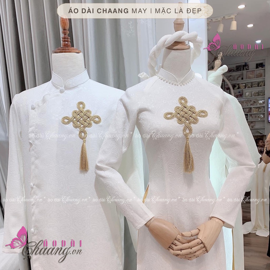 Áo dài cặp đôi cô dâu chú rể Chaang May thiết kế vải gấm đính họa tiết đồng tiền cao cấp dự tiệc cưới lễ tết đẹp ADC125