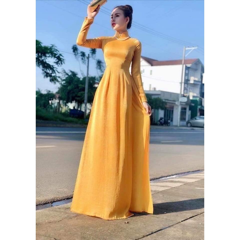 Áo dài lụa Tây Thi hồng đỗ CHAANG May dáng áo dài lụa truyền thống mặc dự tiệc lễ tết đẹp