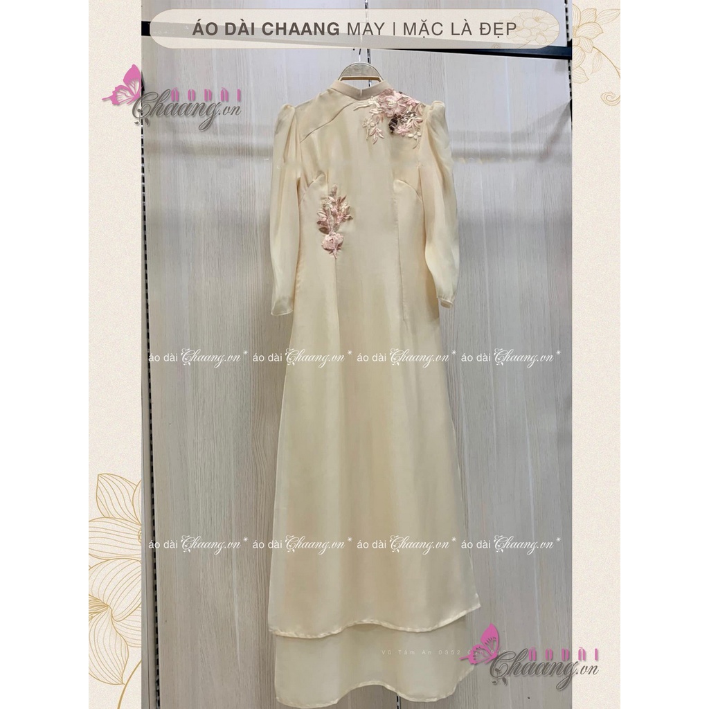 Áo Dài Cách Tân Nữ Thiết Kế Tay Bồng Lụa Tơ Hồng Da Nude Be 4 Tà Ren Hoa Cao Cấp Dự Tiệc Lễ Tết Đẹp